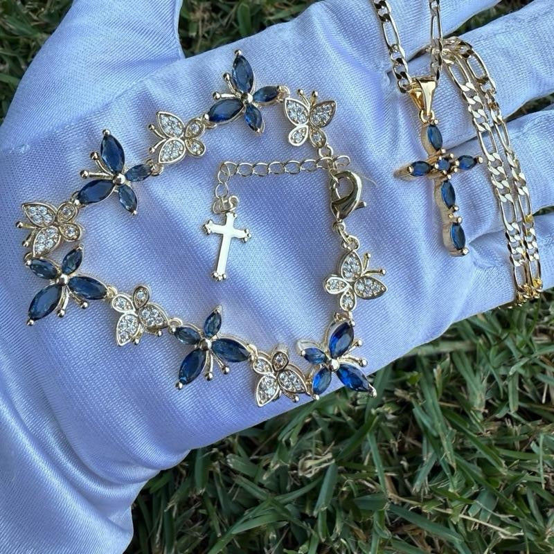 Cross and Butterfly Jewelry Set Necklace and Bracelet with Pink Accents and Gold-Tone Finish