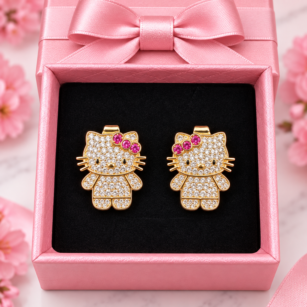 Cute Pink Bow Bling Kitty Earrings