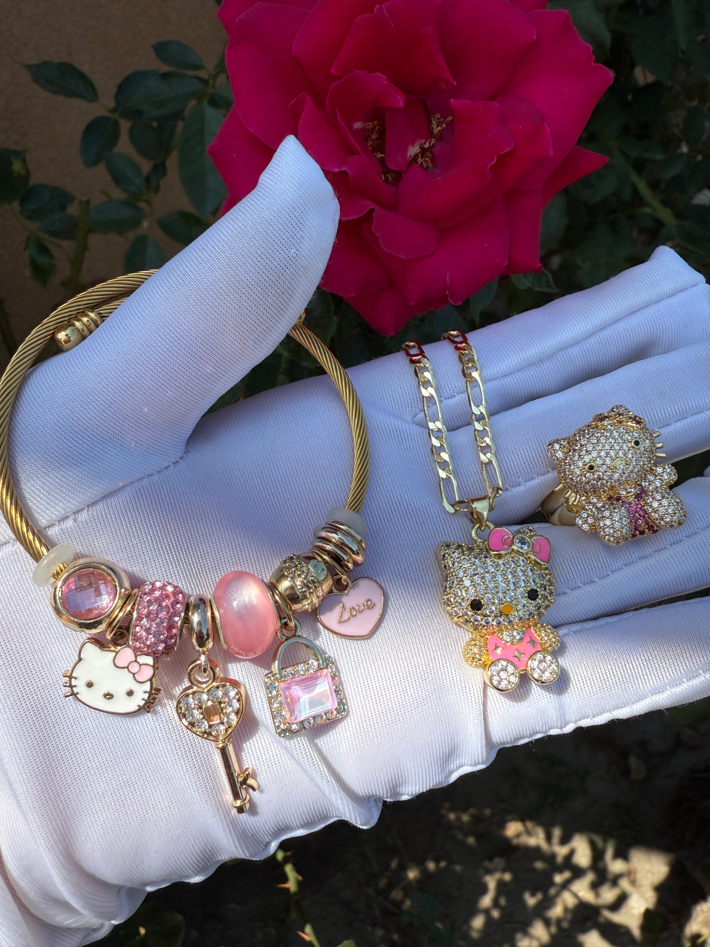 Pink Cat Necklace,Bracelet, Ring Set -Kitty Pedant with Chain Set