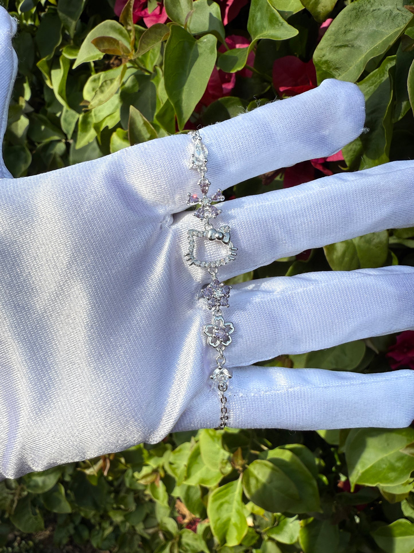 Cat Silver Color Bracelet with Purple Flower -Kitty