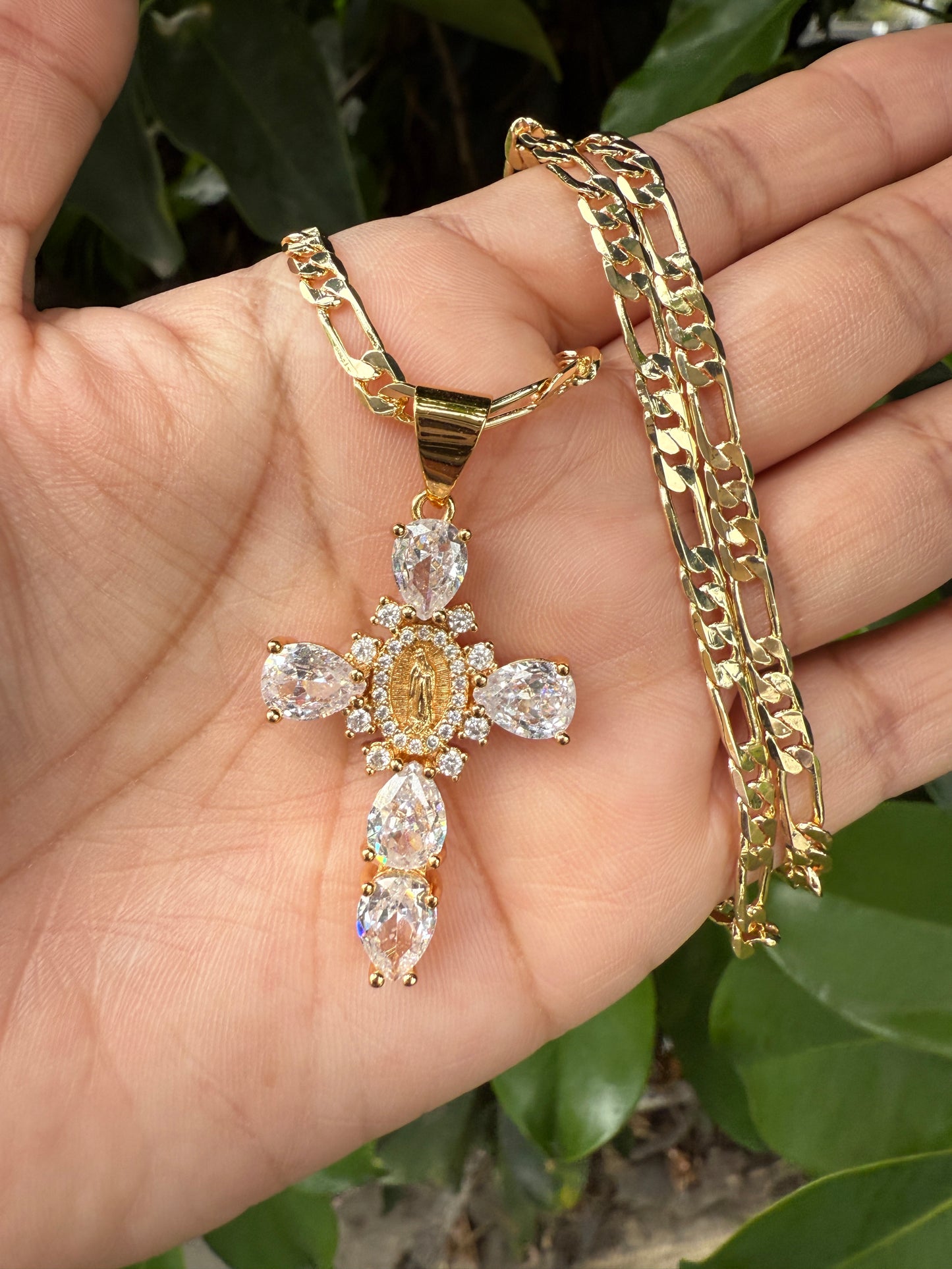 “Bright” Pink Cross & Virgin Necklace Gold Plated