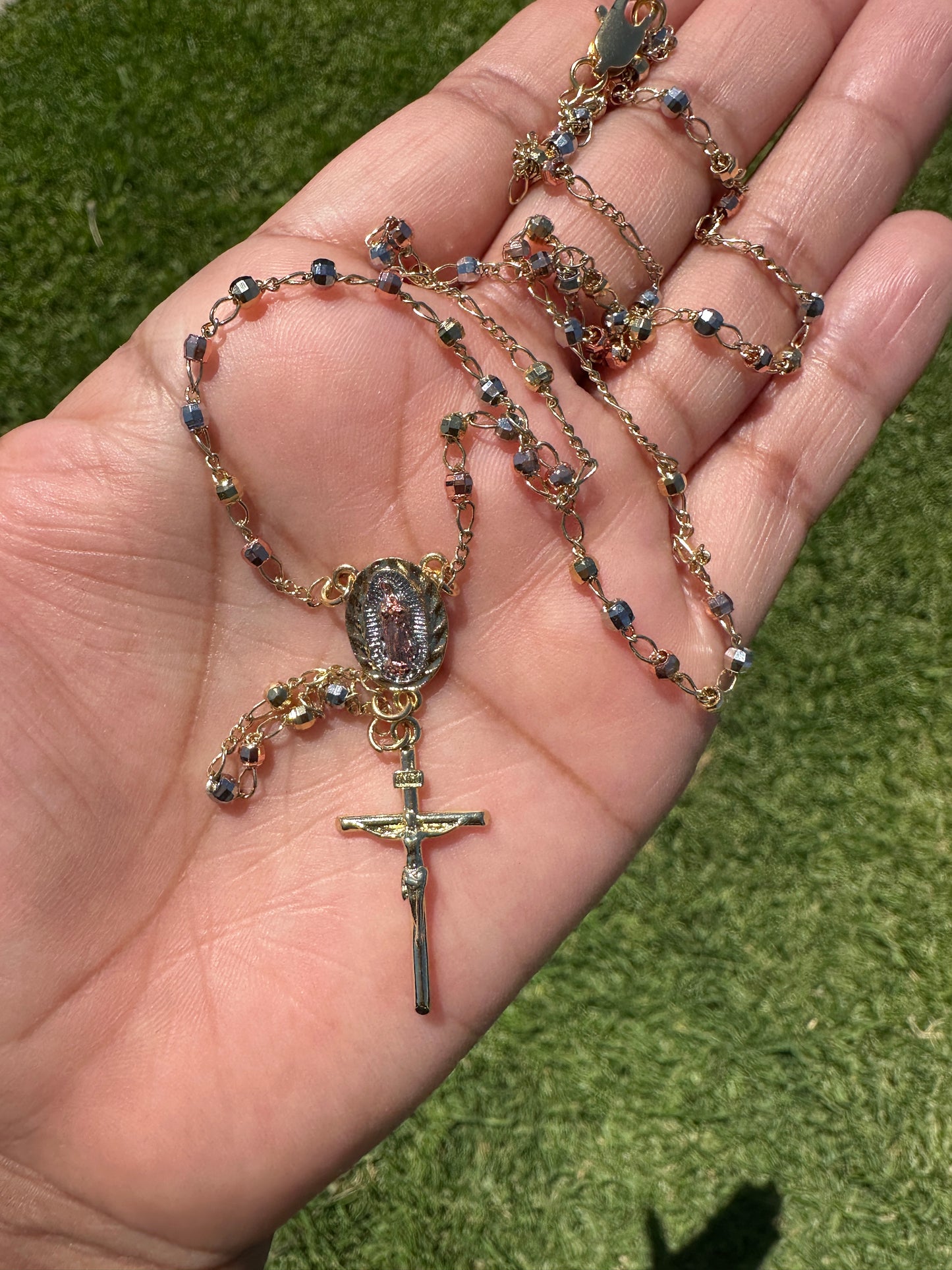 Rosary Necklace Tricolor with Cross and Virgin Pedant Gold Plated Rose Gold