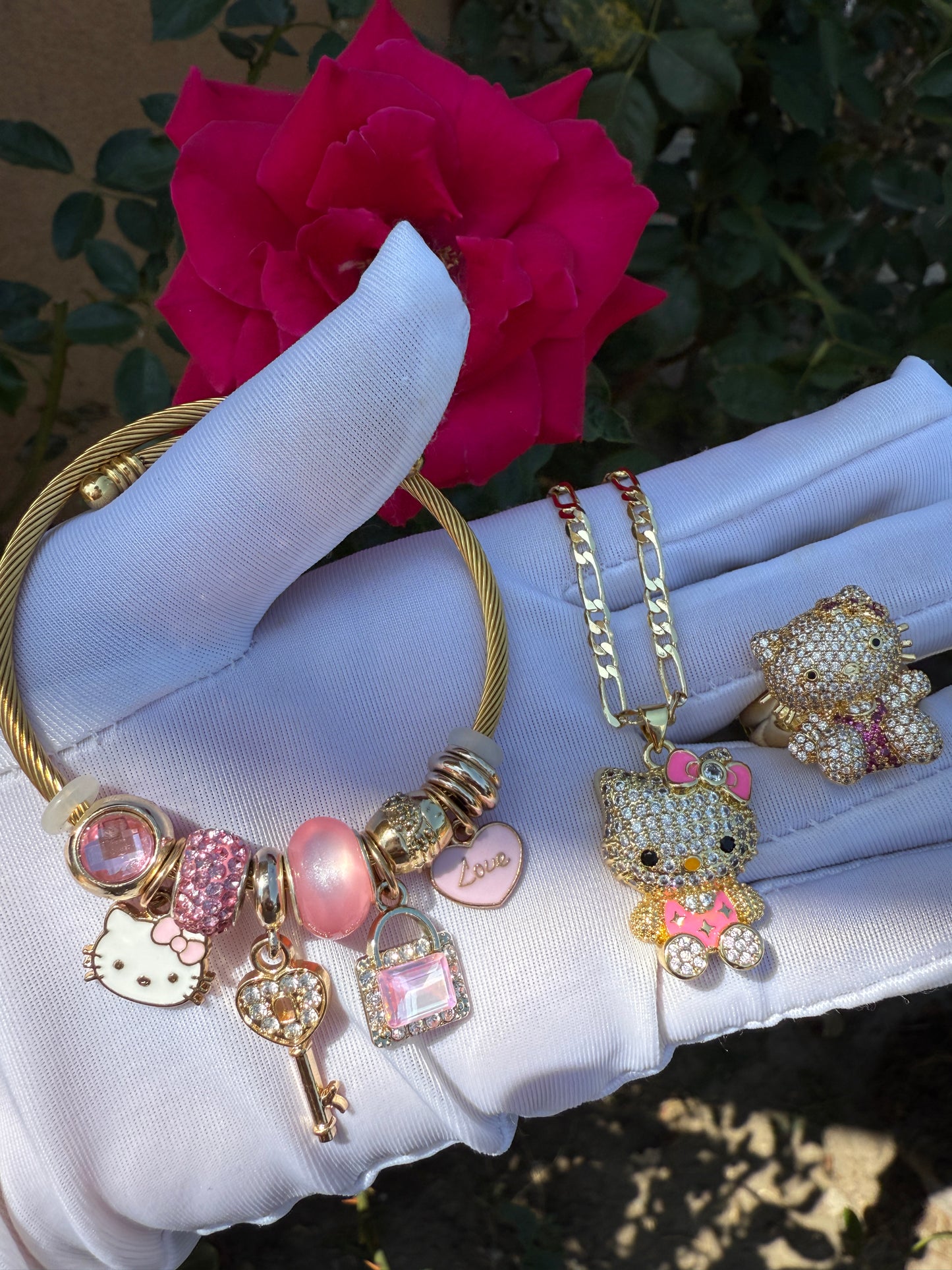 Pink Cat Necklace,Bracelet, Ring Set -Kitty Pedant with Chain Set