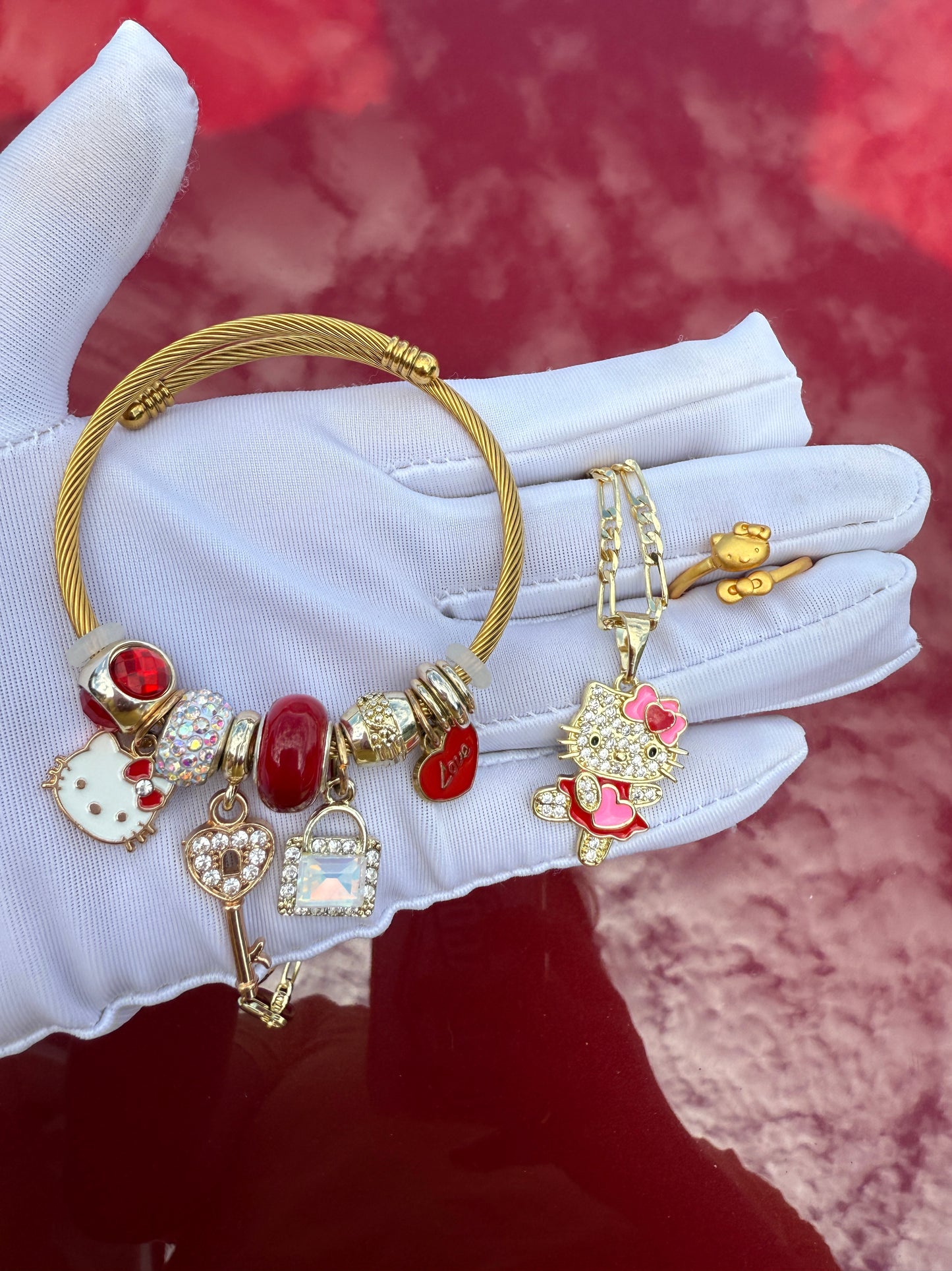 Red Kitty Set - Cat Set Necklace, Ring, Bracelet