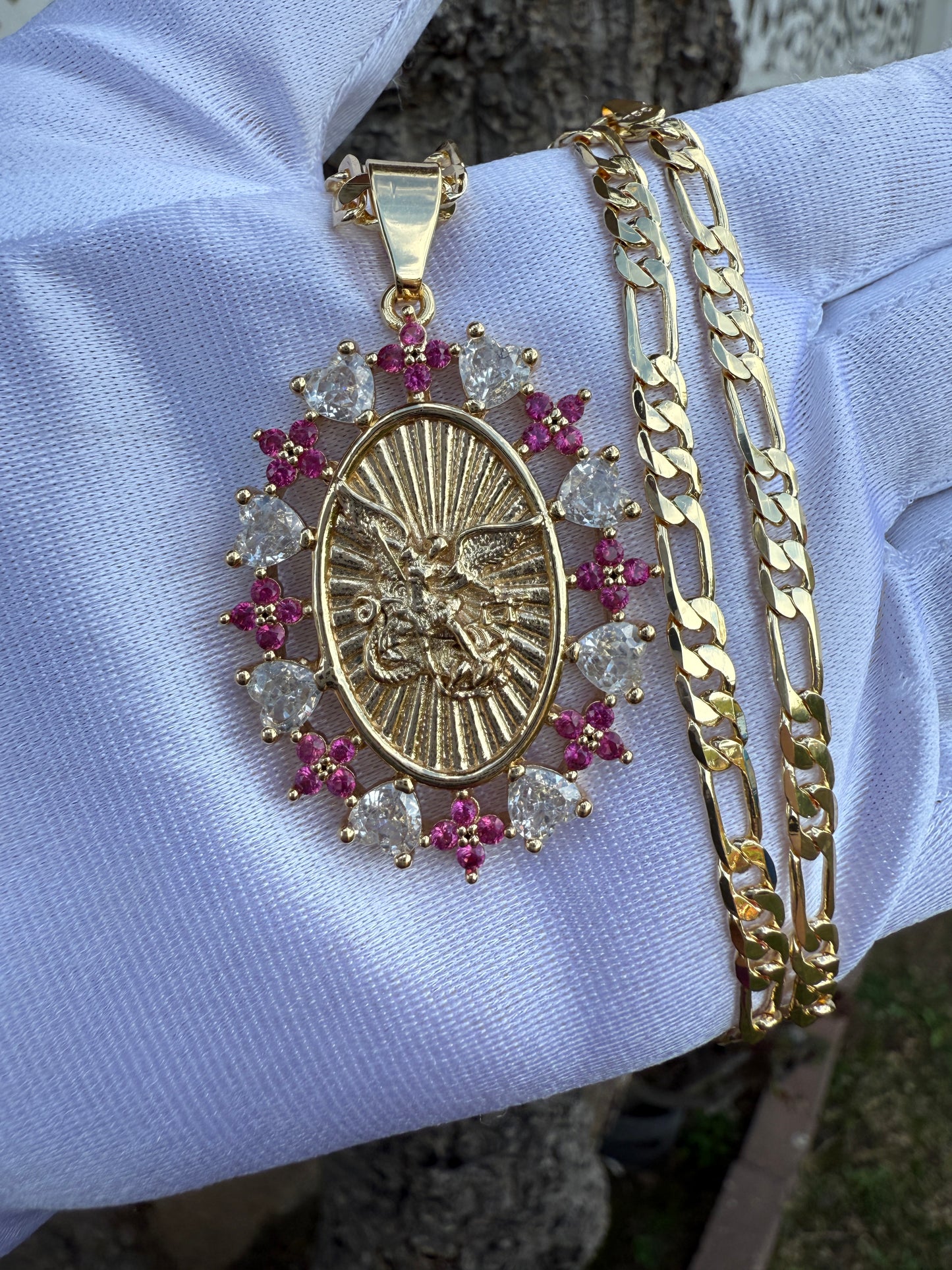 Saint Necklace with Pink Accent, Includes Gold Plated Pendant, Elegant Design, with Chain