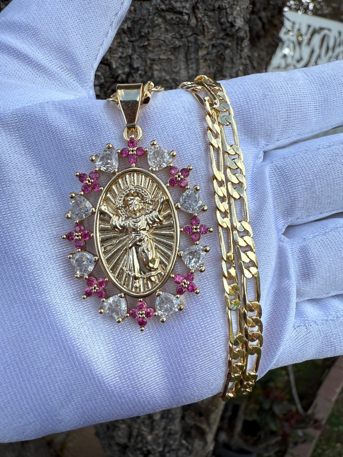Saint Necklace with Pink Accent, Includes Gold Plated Pendant, Elegant Design, with Chain