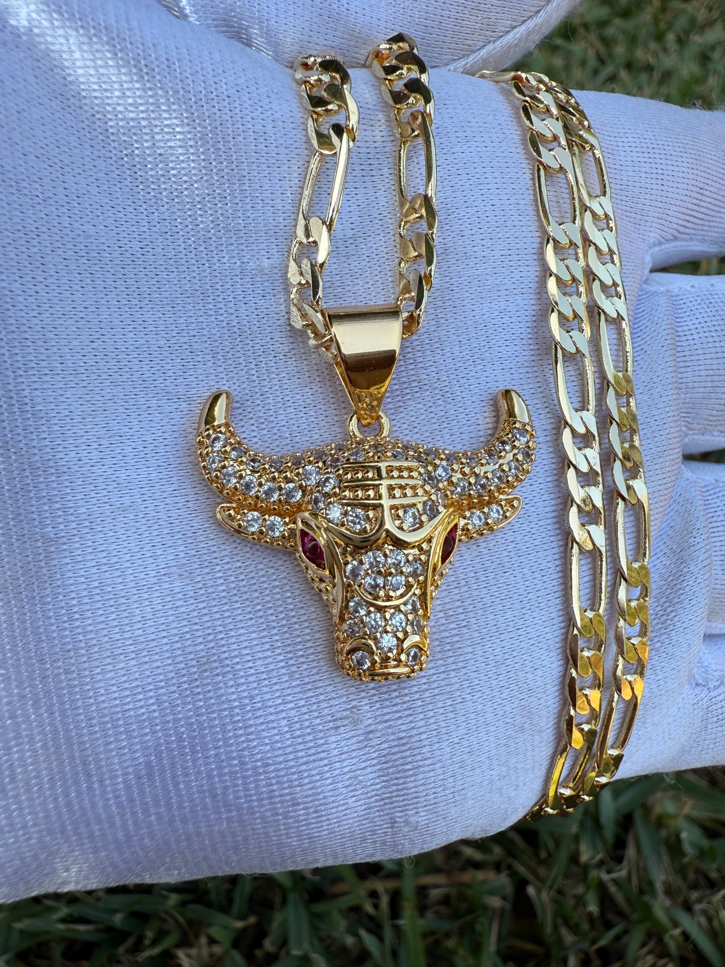 Red eye Bull Head Necklace with Figaro Chain