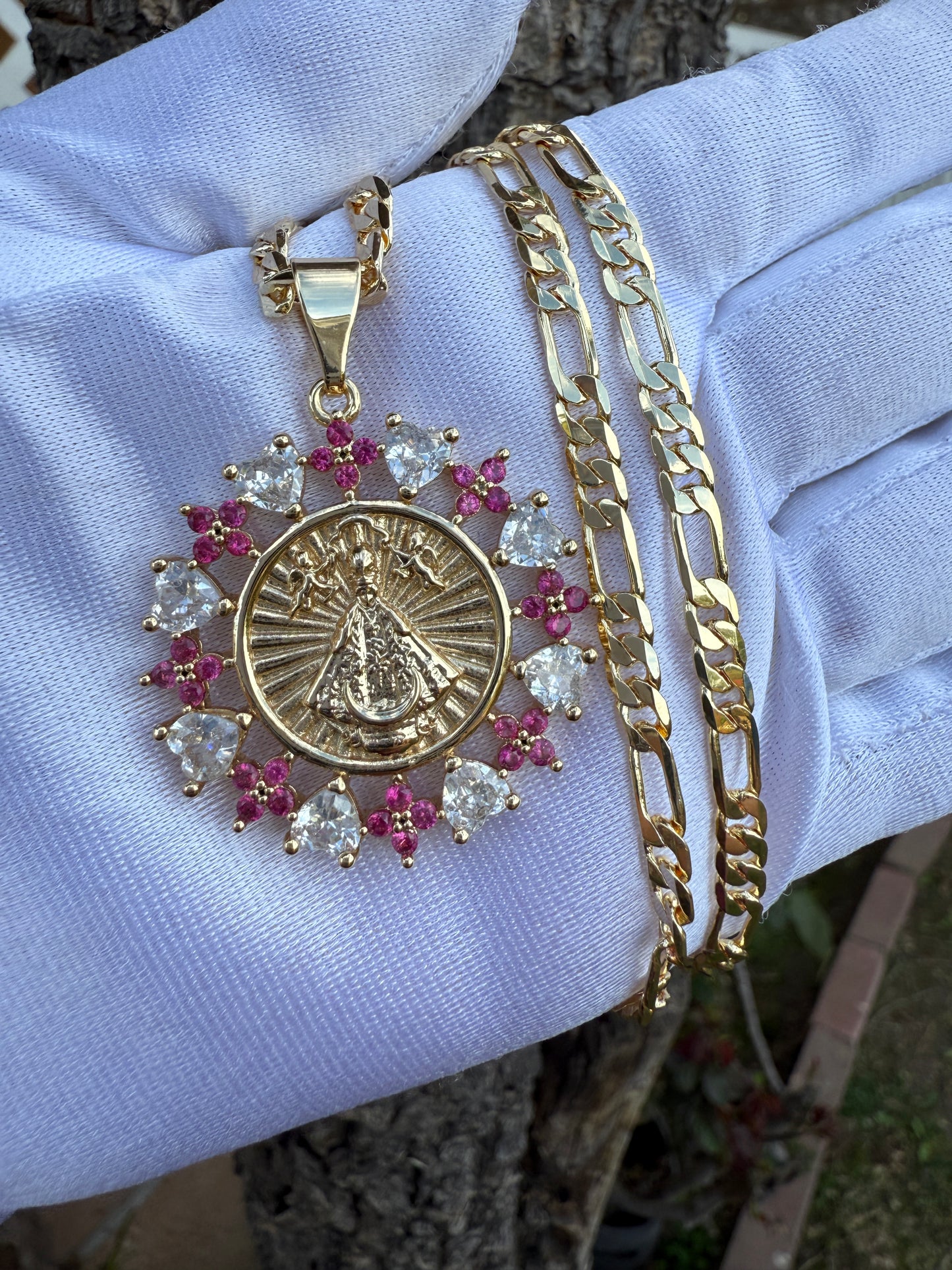 Saint Necklace with Pink Accent, Includes Gold Plated Pendant, Elegant Design, with Chain
