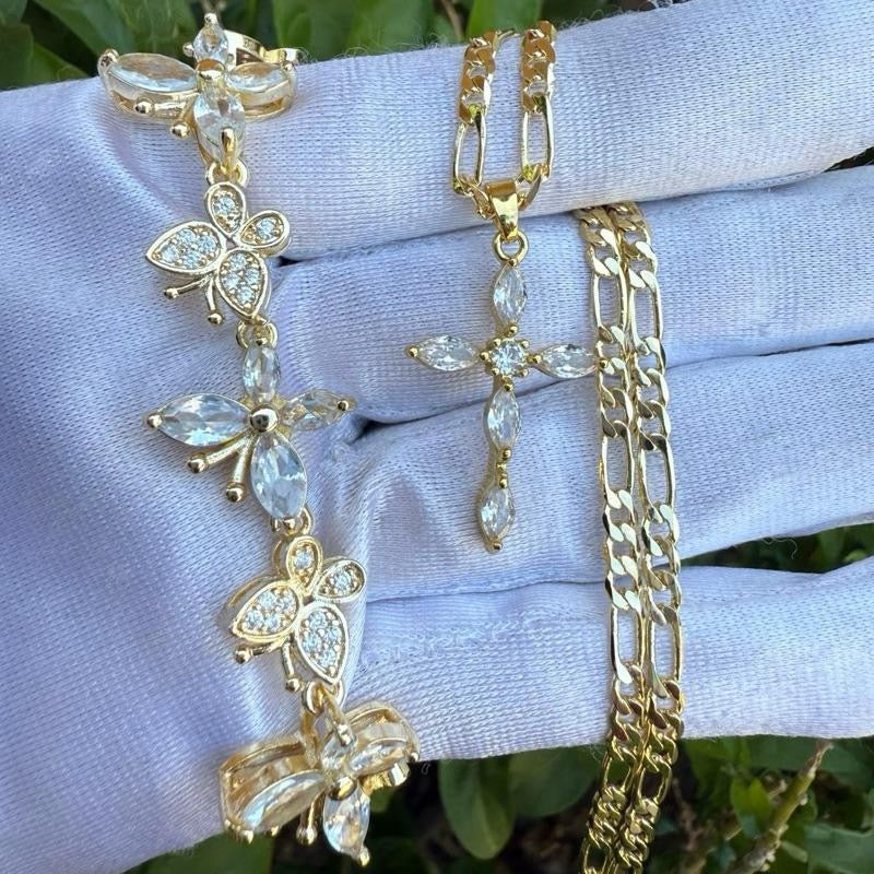 Cross and Butterfly Jewelry Set Necklace and Bracelet with Pink Accents and Gold-Tone Finish