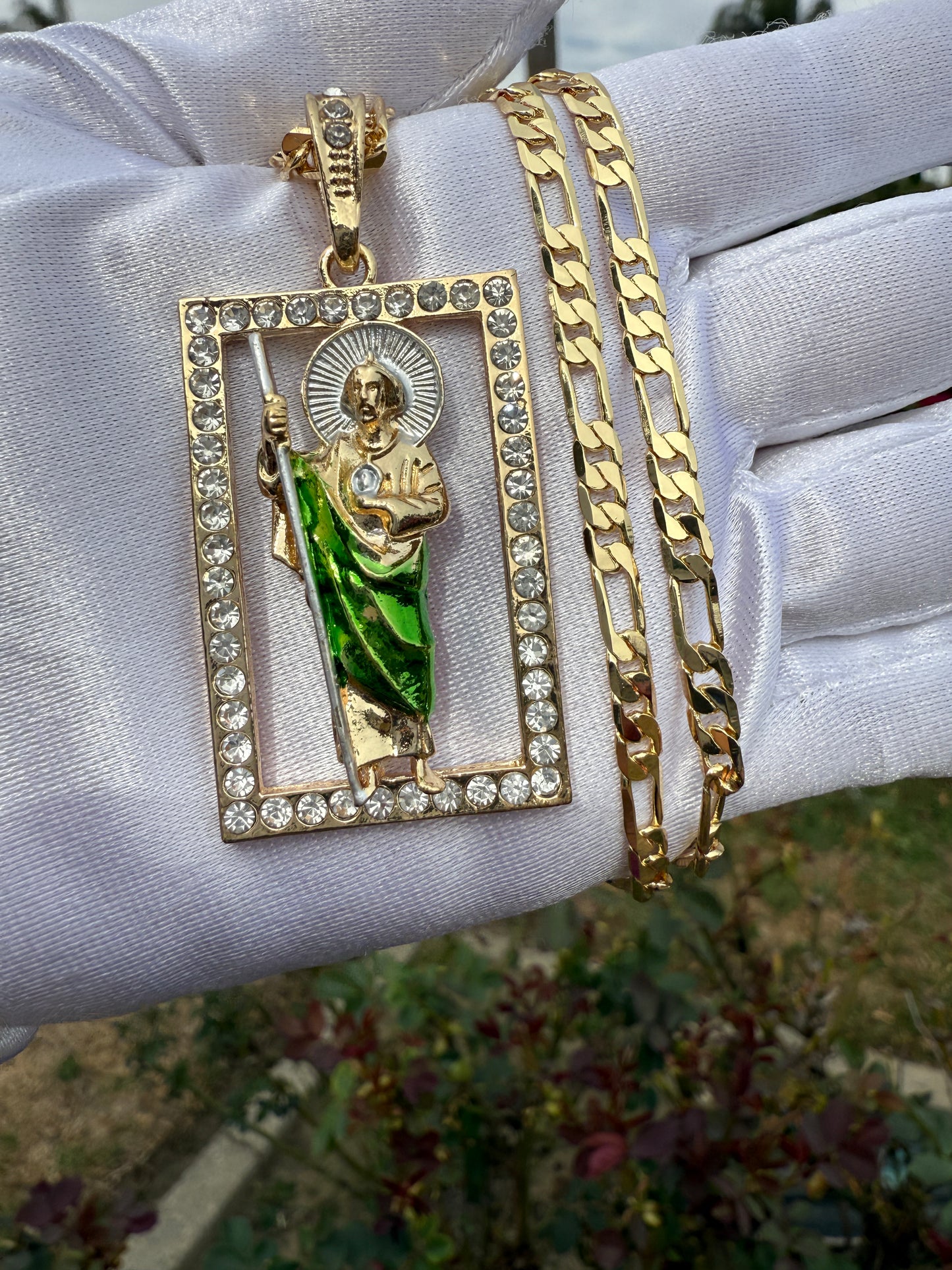 St Jude Necklace with Figaro Chain San Judas Tadeo