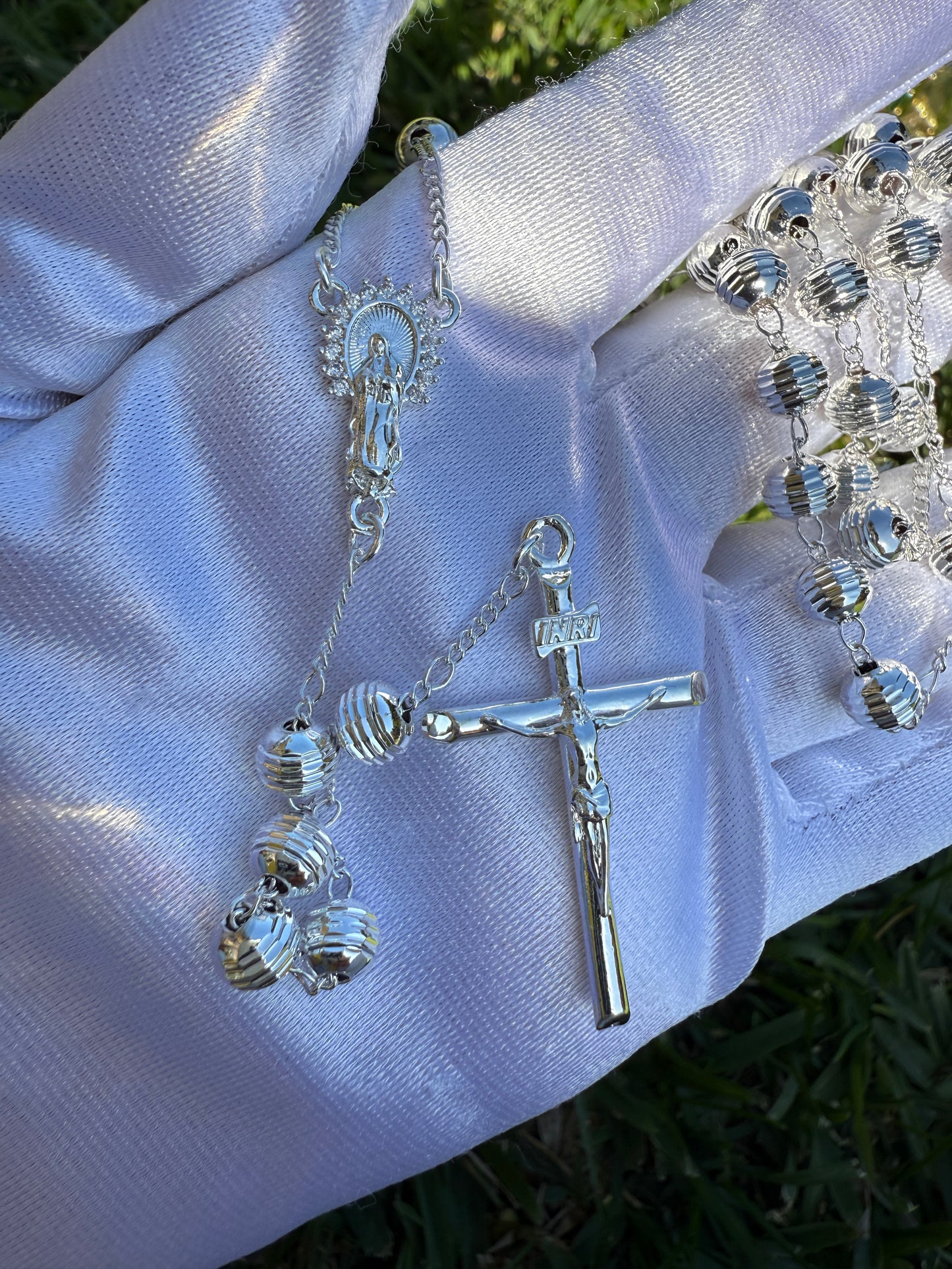 Silver Plated Rosary Necklace for him or her Virgin and Cross