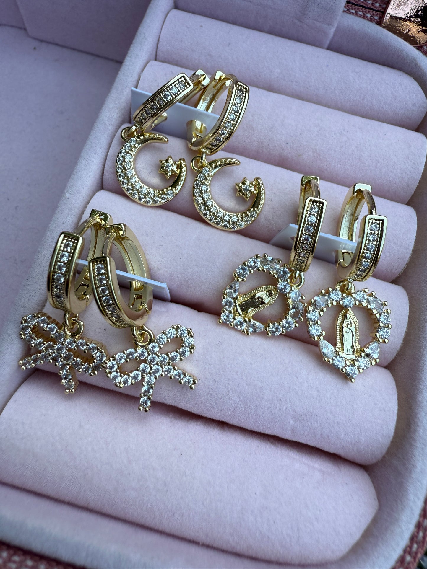 Hoop Earrings Moon,Bow,Virgin Heart Design Gold-Tone Jewelry with Moon Bow and Virgin Heart Charms