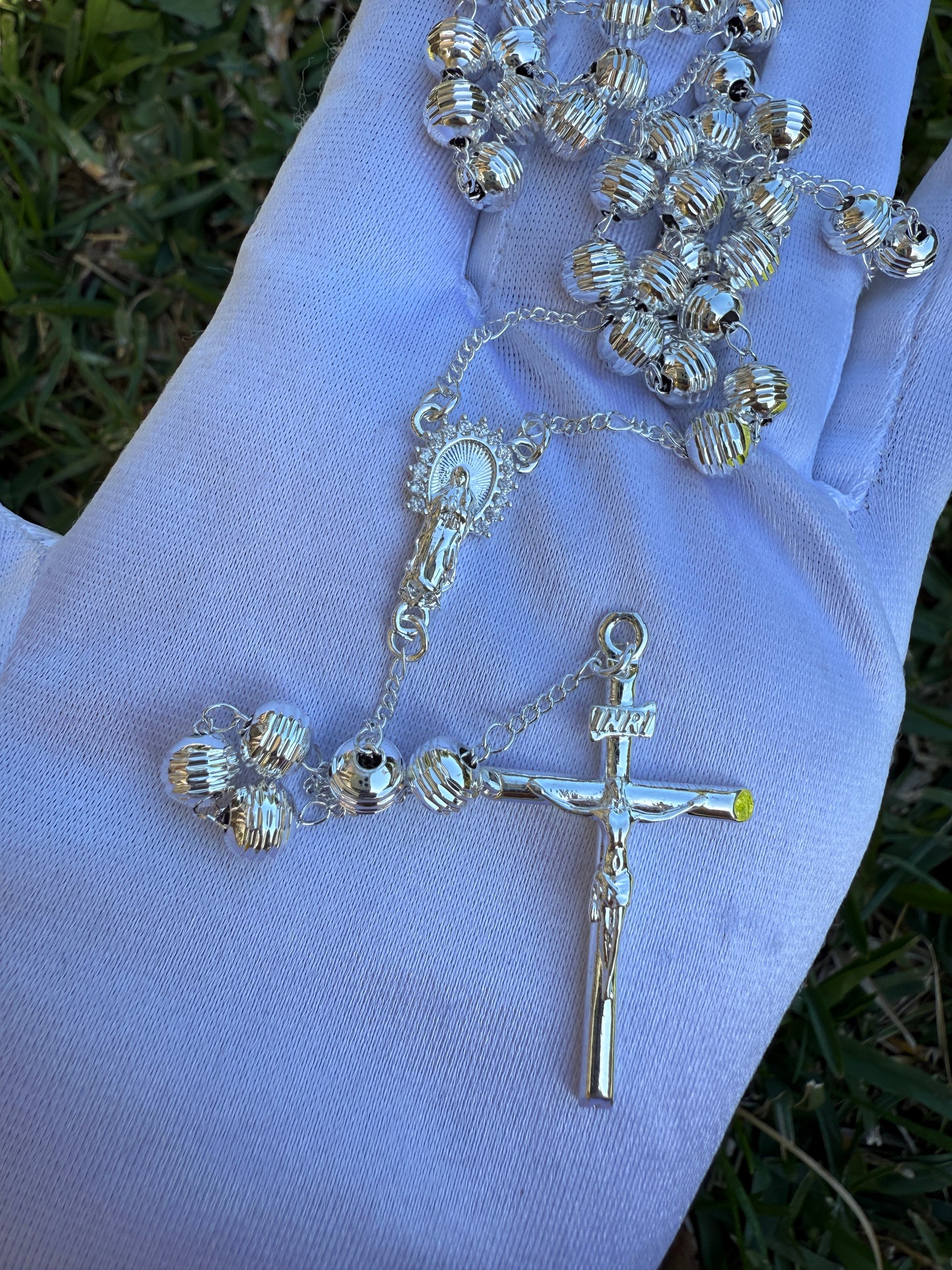 Silver Plated Rosary Necklace for him or her Virgin and Cross