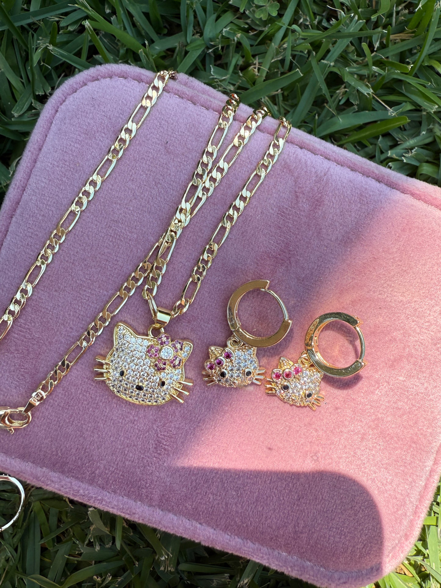 Pink Flower Cat Necklace and Earring Set