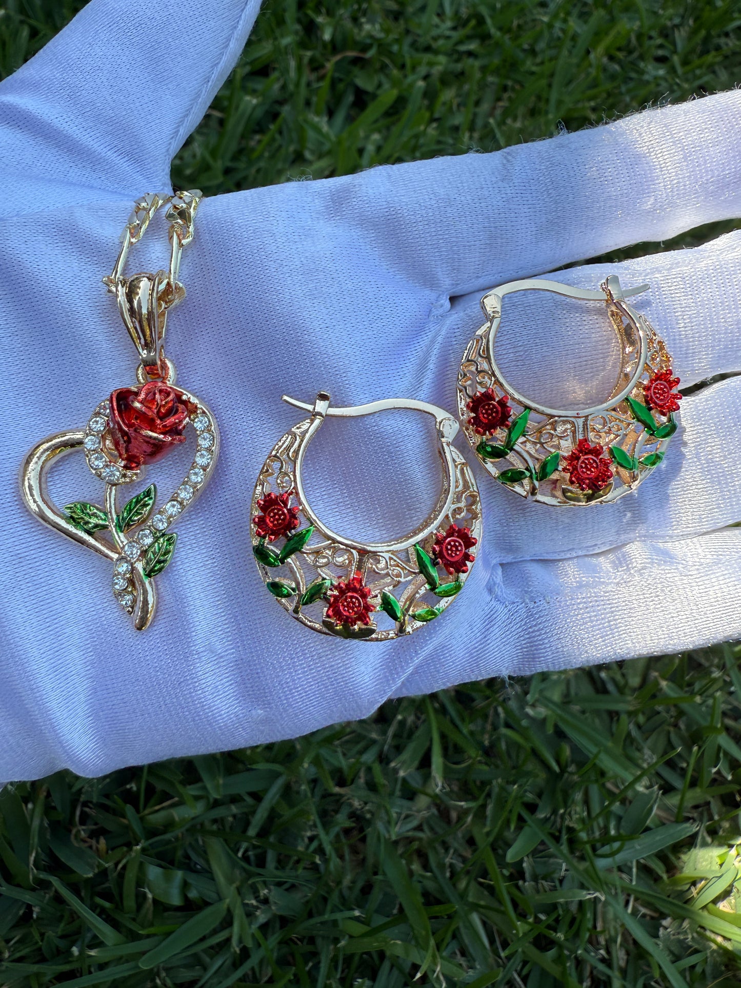 Rose Necklace and Earrings Set - Gift Idea for Mothers Day, Birthday, or Any Occasion with Heart Design and Red Rose Accents