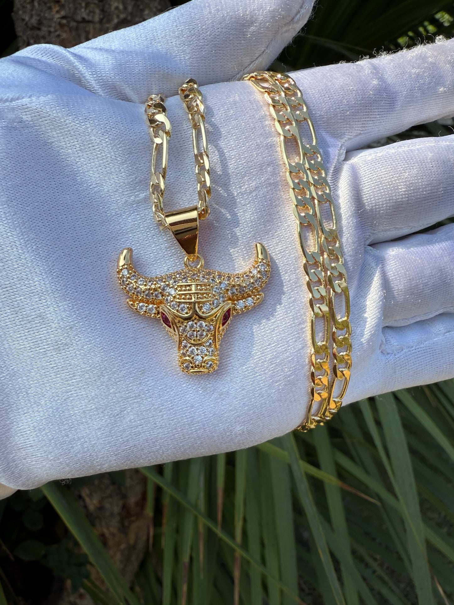 Red eye Bull Head Necklace with Figaro Chain