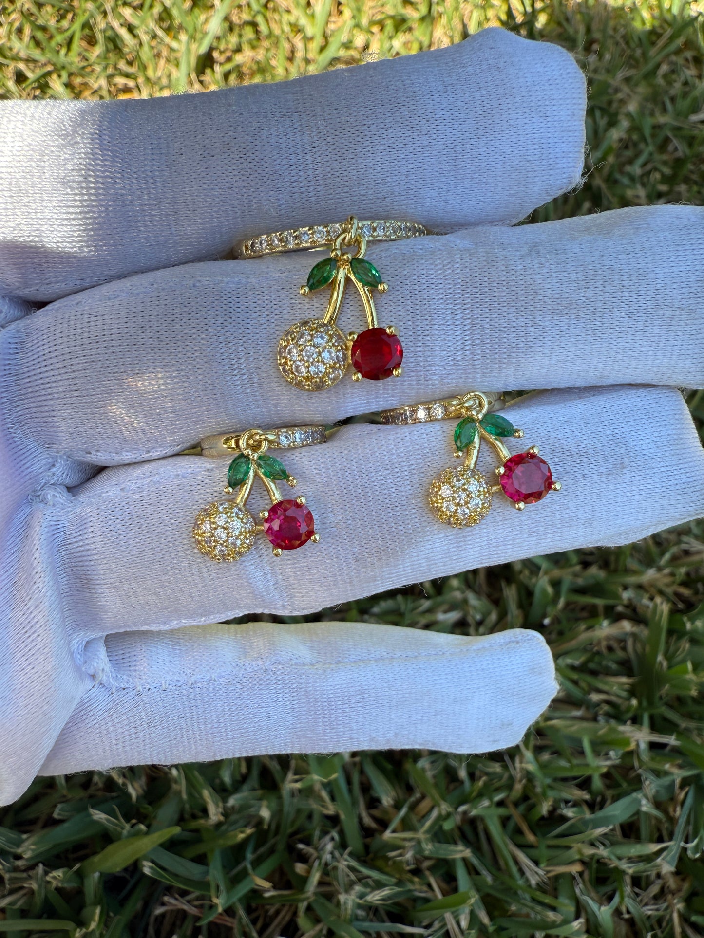 Cherry Earring and Ring Set - Gemstone Accents & Gold-Tone Design Jewelry Set Violet Pink Set