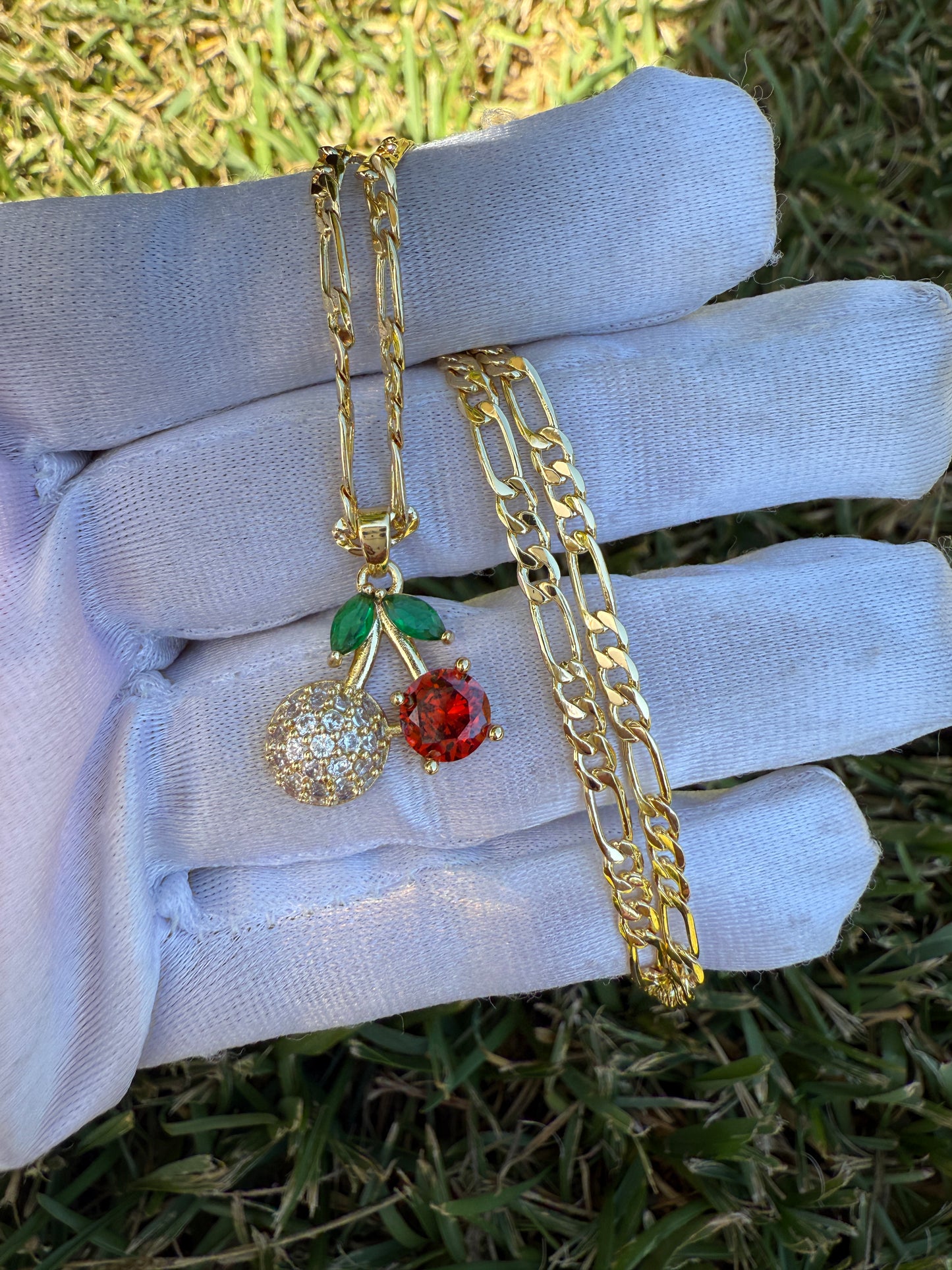 Cherry Necklace with Chain Light Orange Color - Gold-Tone Design Featuring Cherry Charms and Chain Accents