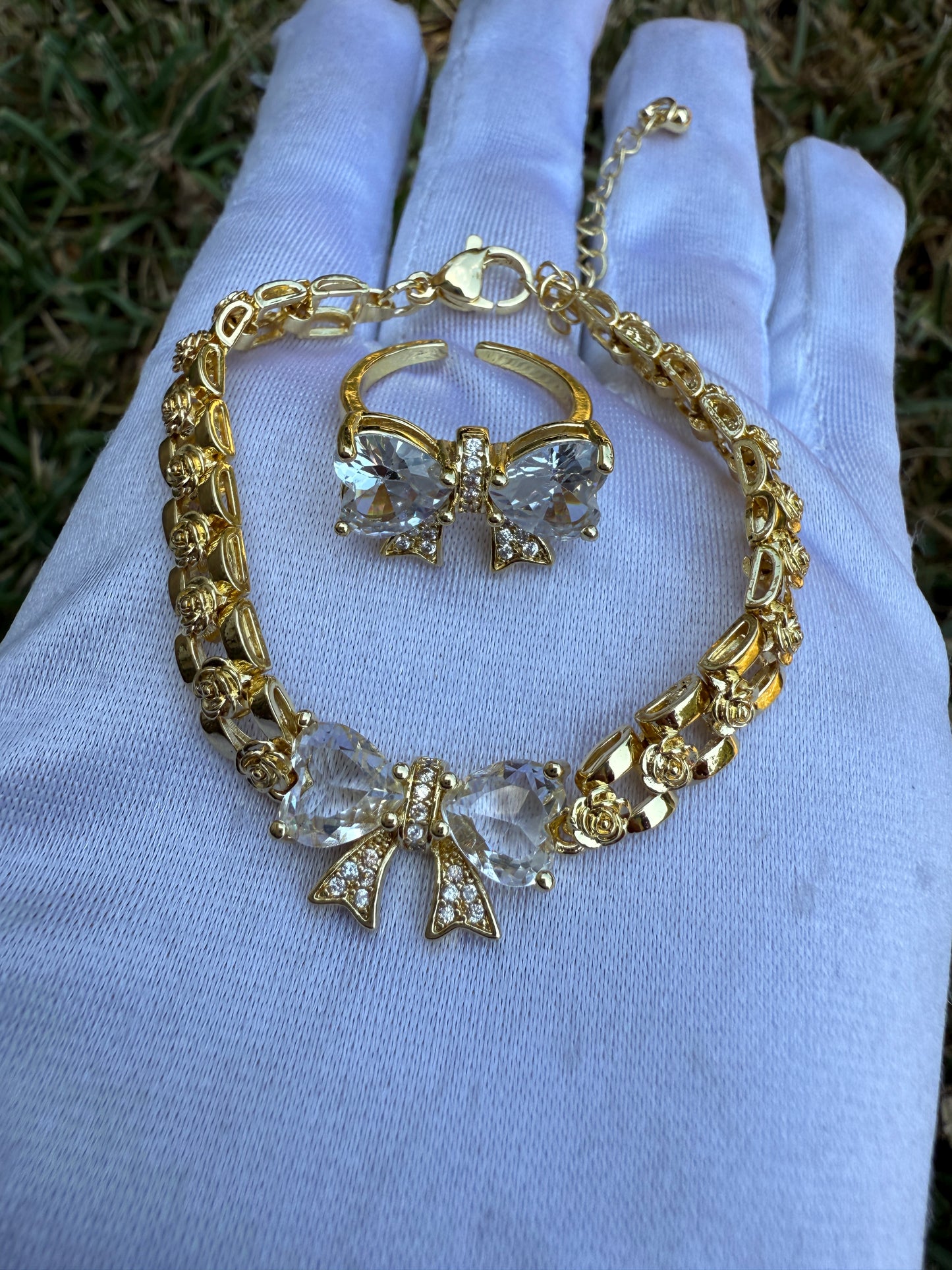 Bow Bracelet & Ring Combo Set- 6-8” bracelet with Gemstone Accents - Simple & Versatile Design