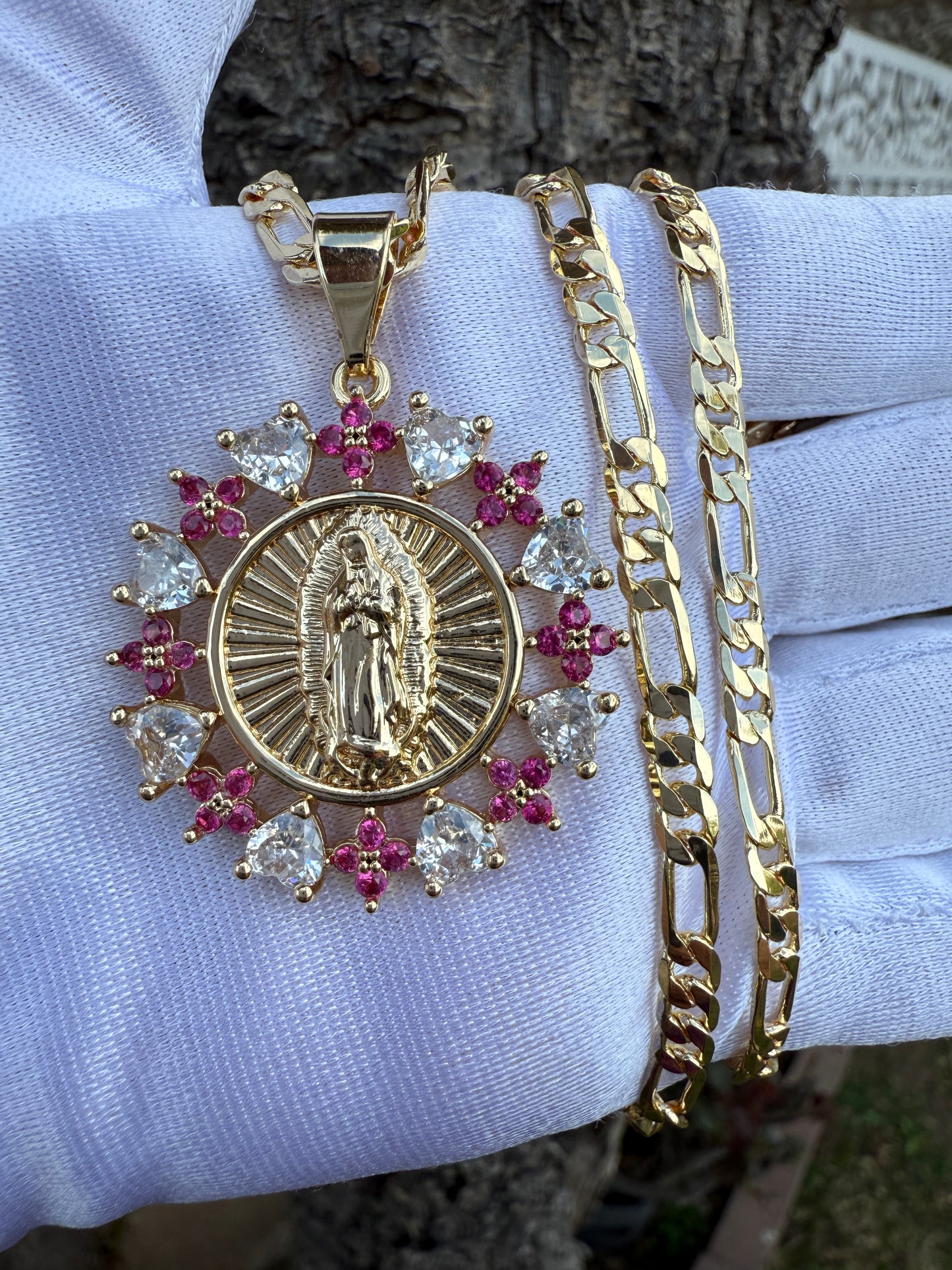 Saint Necklace with Pink Accent, Includes Gold Plated Pendant, Elegant Design, with Chain