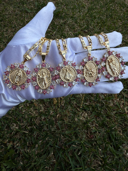 Saint Necklace with Pink Accent, Includes Gold Plated Pendant, Elegant Design, with Chain