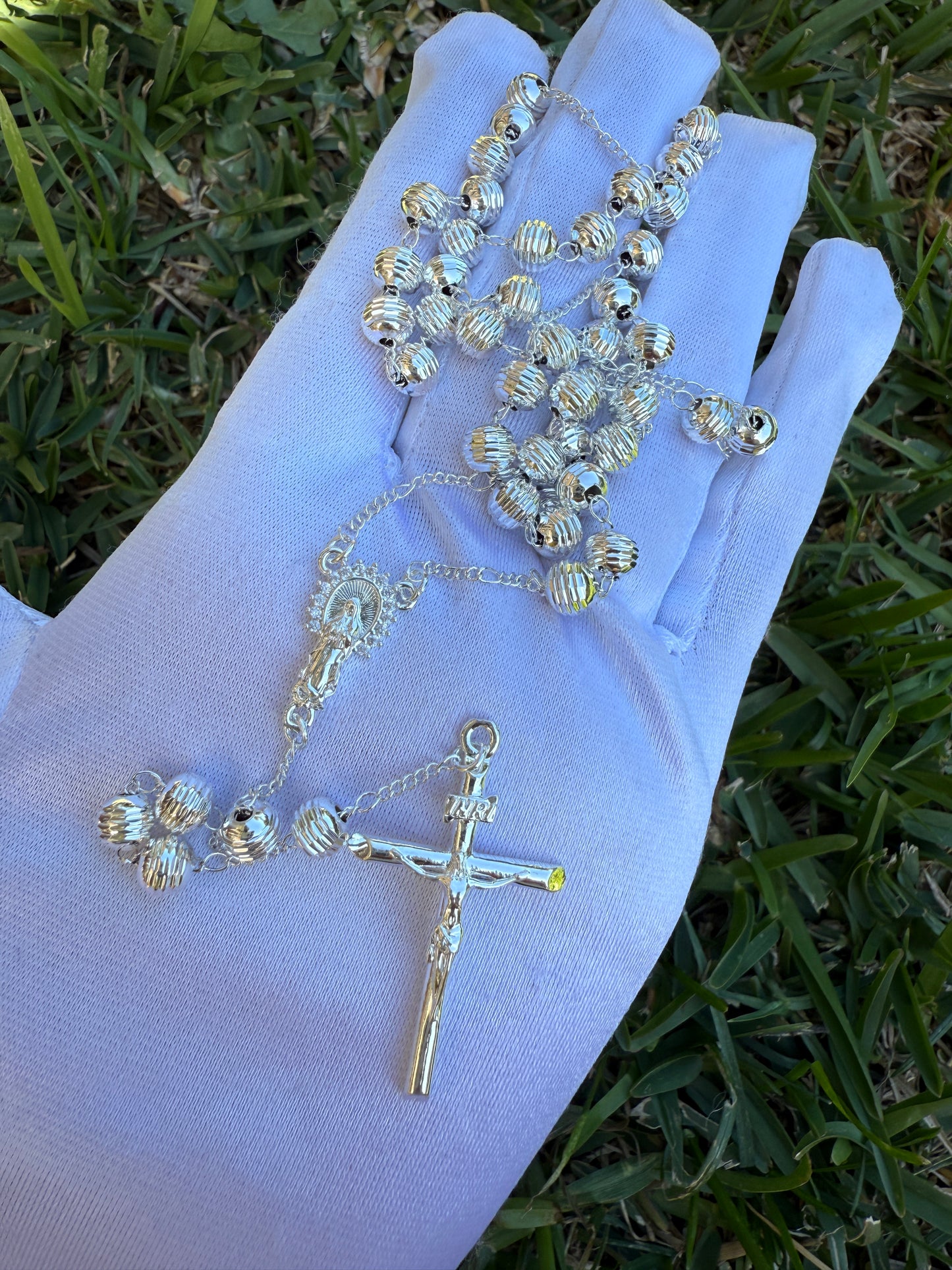 Silver Plated Rosary Necklace for him or her Virgin and Cross