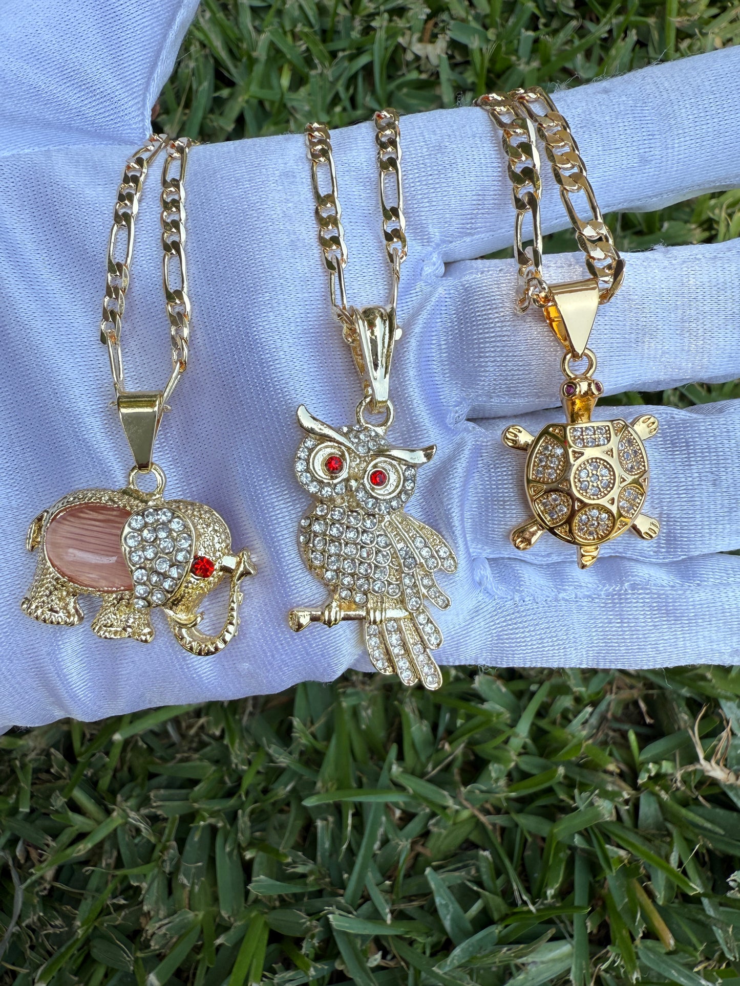 Turtle, elephant and Owl Necklace symbols for wisdom, wealth, good fortune
