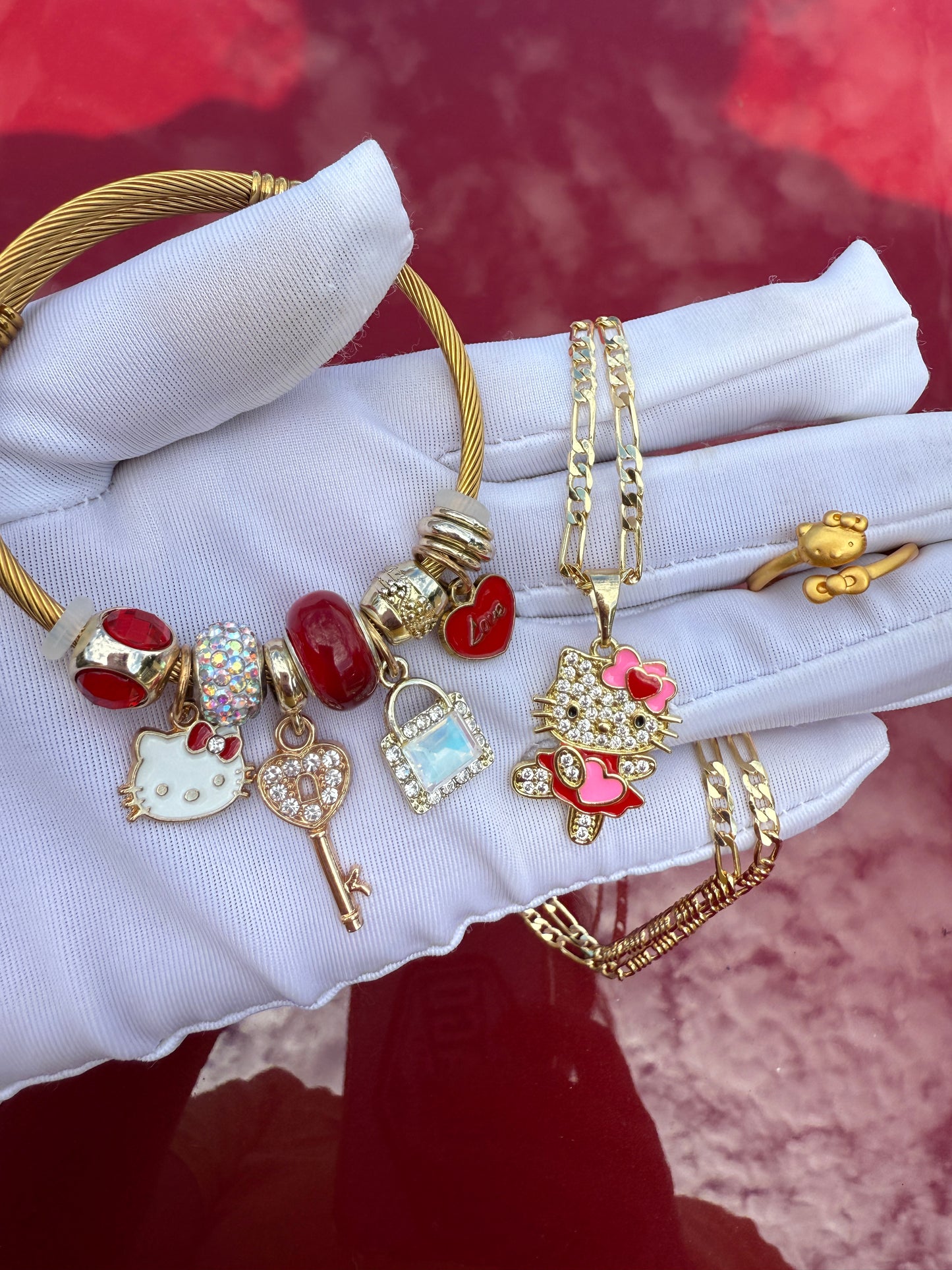 Red Kitty Set - Cat Set Necklace, Ring, Bracelet