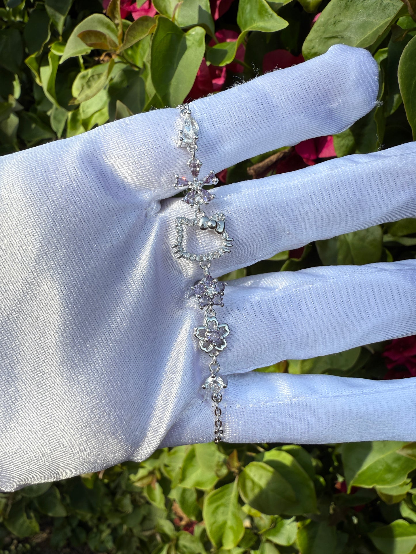 Cat Silver Color Bracelet with Purple Flower -Kitty