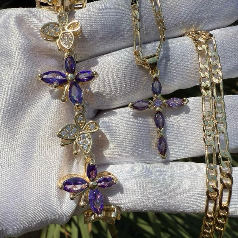 Cross and Butterfly Jewelry Set Necklace and Bracelet with Pink Accents and Gold-Tone Finish
