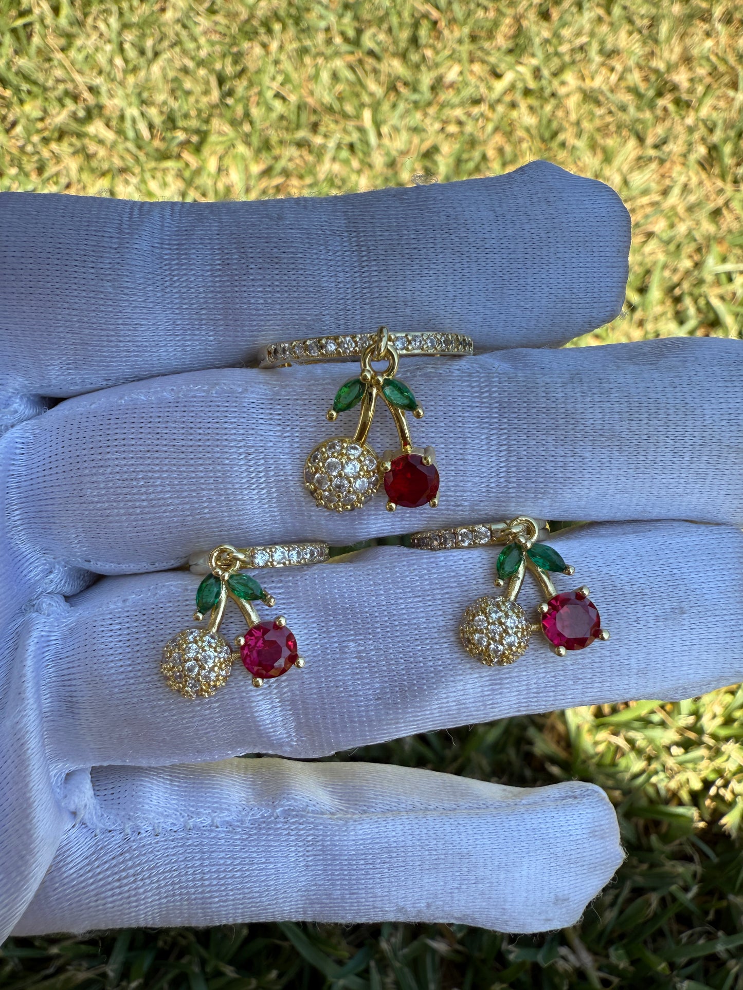 Cherry Earring and Ring Set - Gemstone Accents & Gold-Tone Design Jewelry Set Violet Pink Set