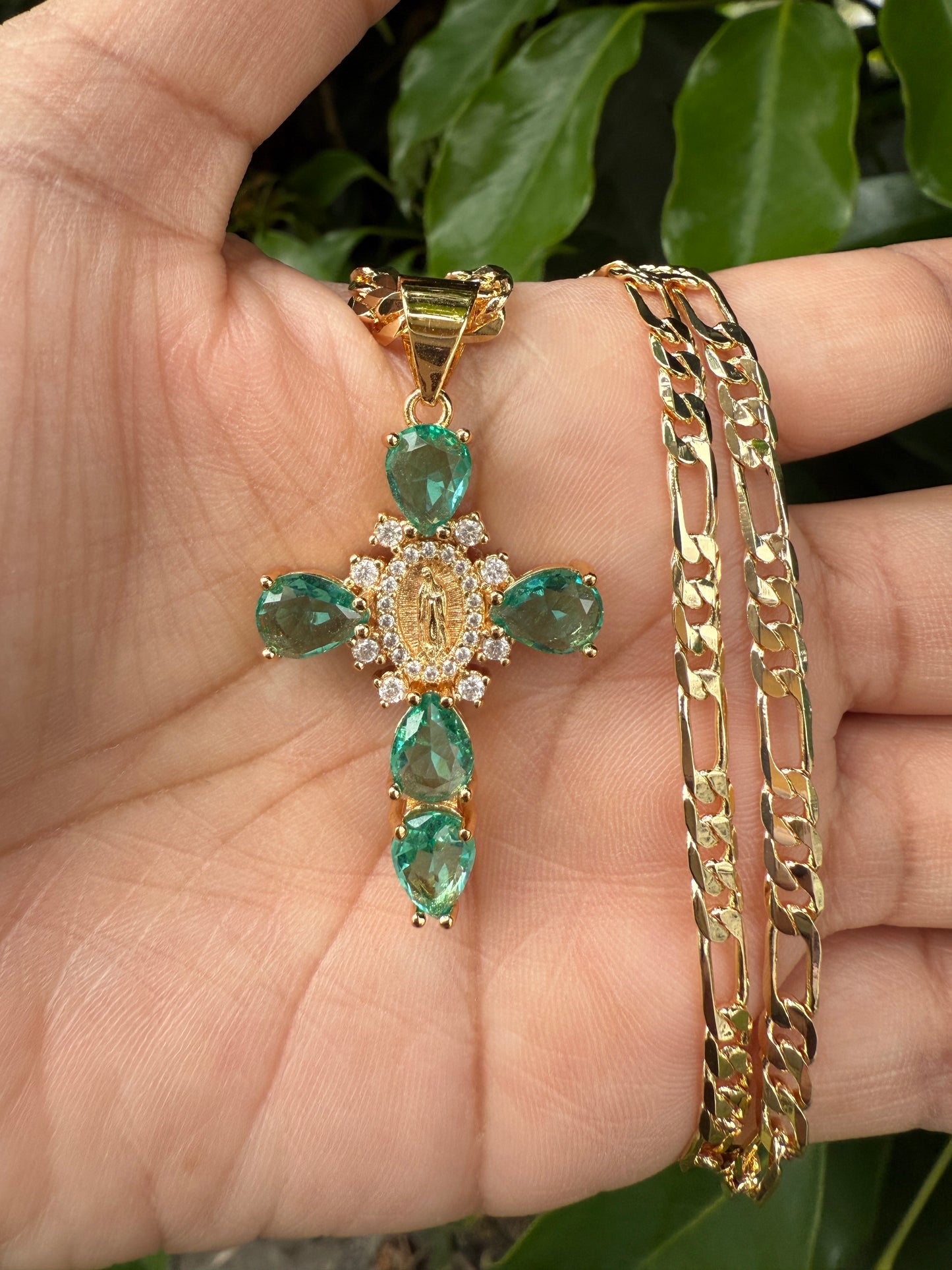 “Bright” Pink Cross & Virgin Necklace Gold Plated