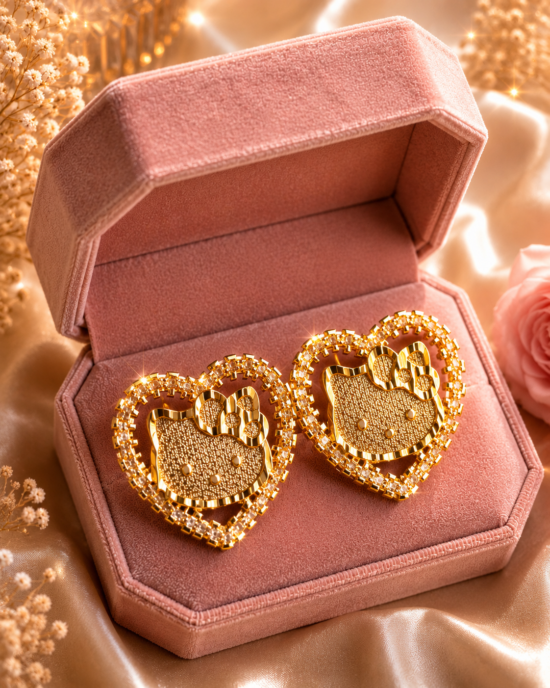 Heart Cat Earrings Kitty Gold Plated