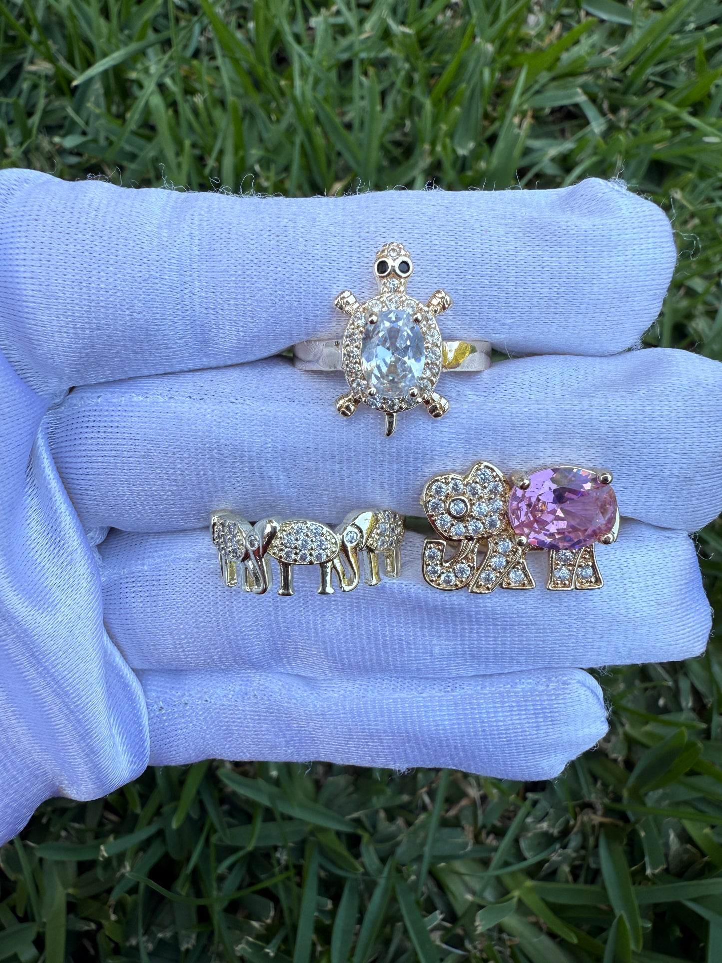 Good Luck Elephant and Turtle Rings Adjunct - Includes Decorative Elements and Gemstone Accents