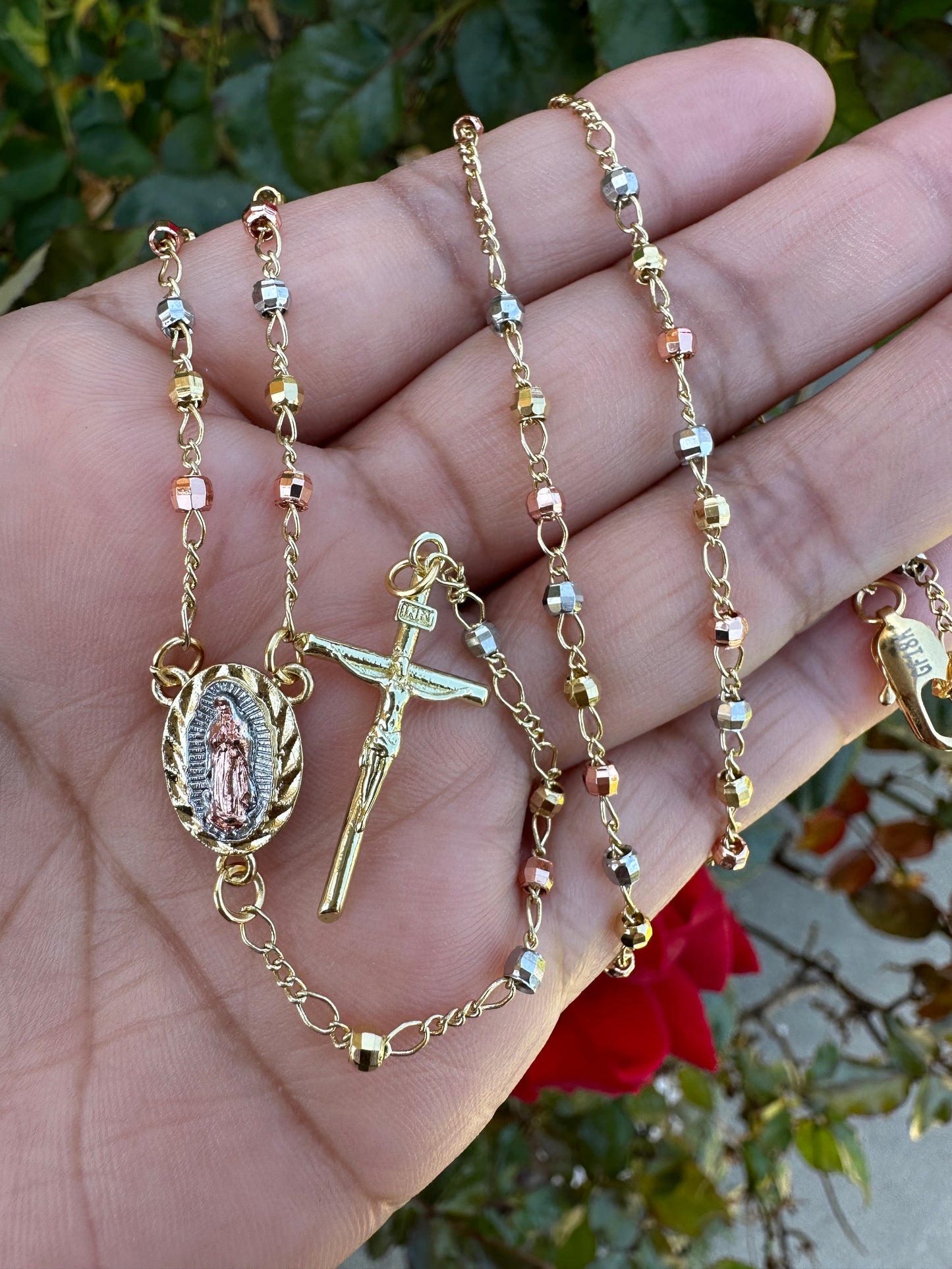 Rosary Necklace Tricolor with Cross and Virgin Pedant Gold Plated Rose Gold