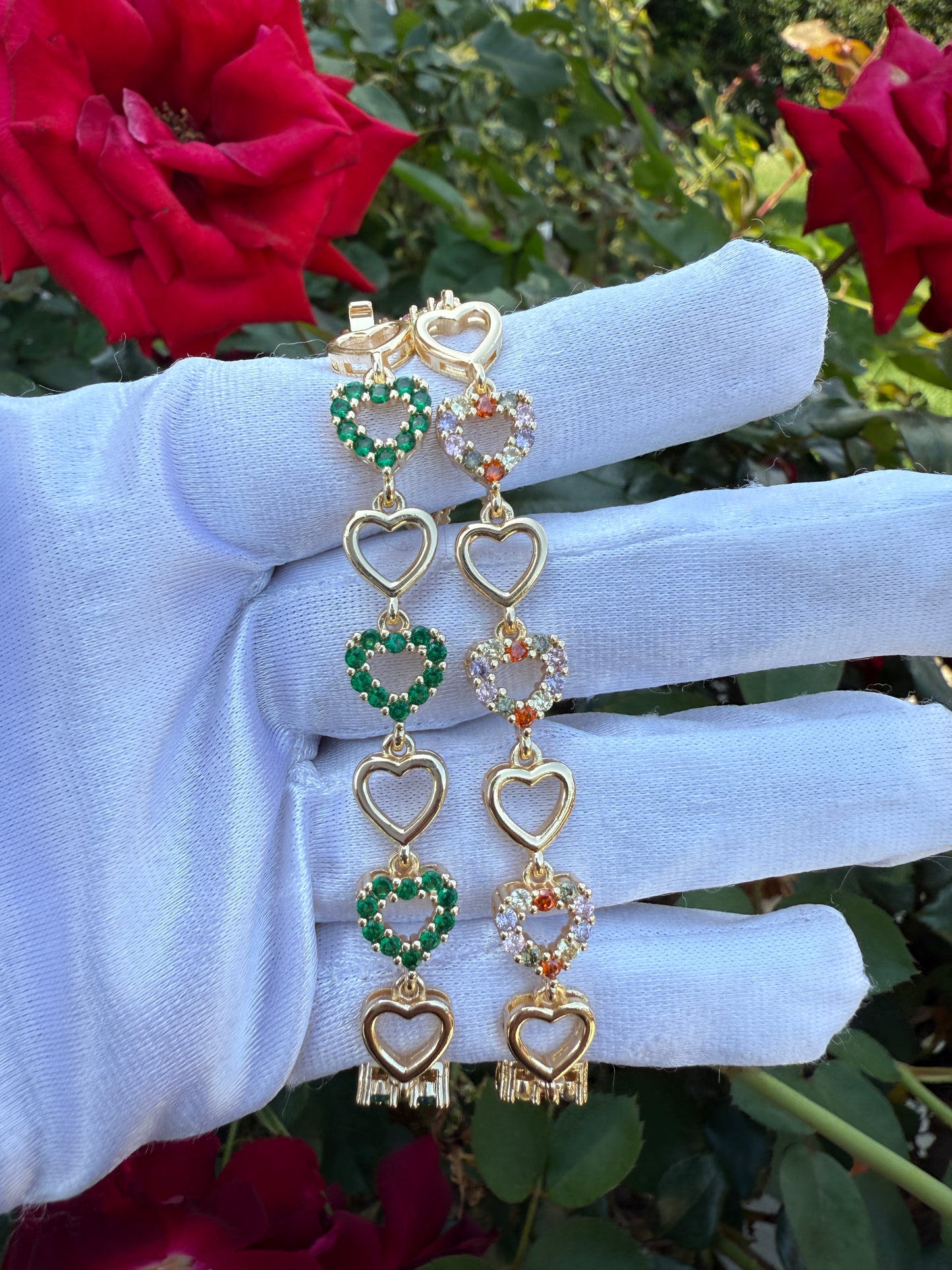 Elegant Color Heart Bracelets for Her - Green and Clear Heart Pendants with Gold Accents