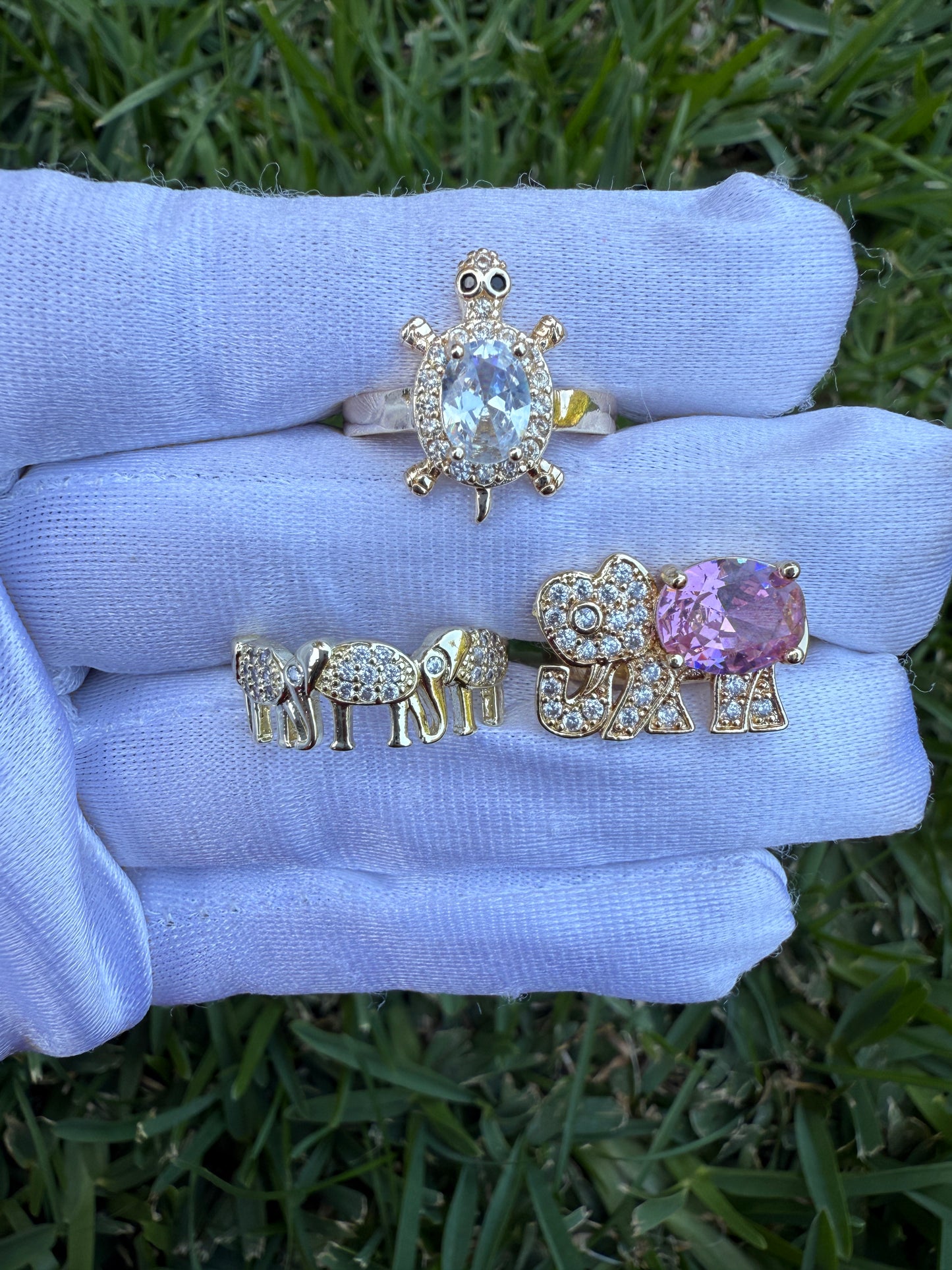Good Luck Elephant and Turtle Rings Adjunct - Includes Decorative Elements and Gemstone Accents