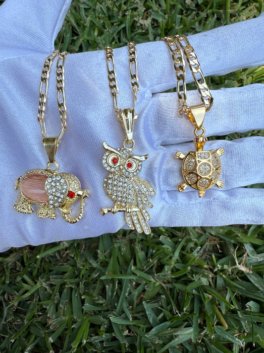 Turtle, elephant and Owl Necklace symbols for wisdom, wealth, good fortune