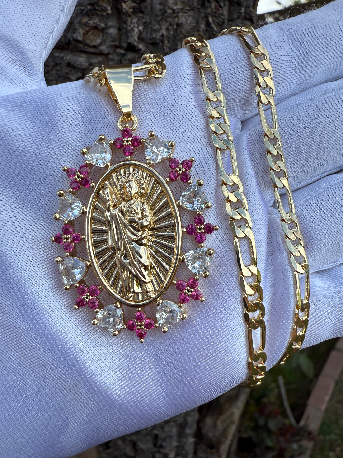 Saint Necklace with Pink Accent, Includes Gold Plated Pendant, Elegant Design, with Chain