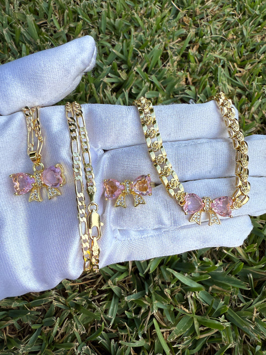 Bow Jewlery Sets Ring Necklace and Bracelet with  Gemstone Accents Gold-Tone Chain Design