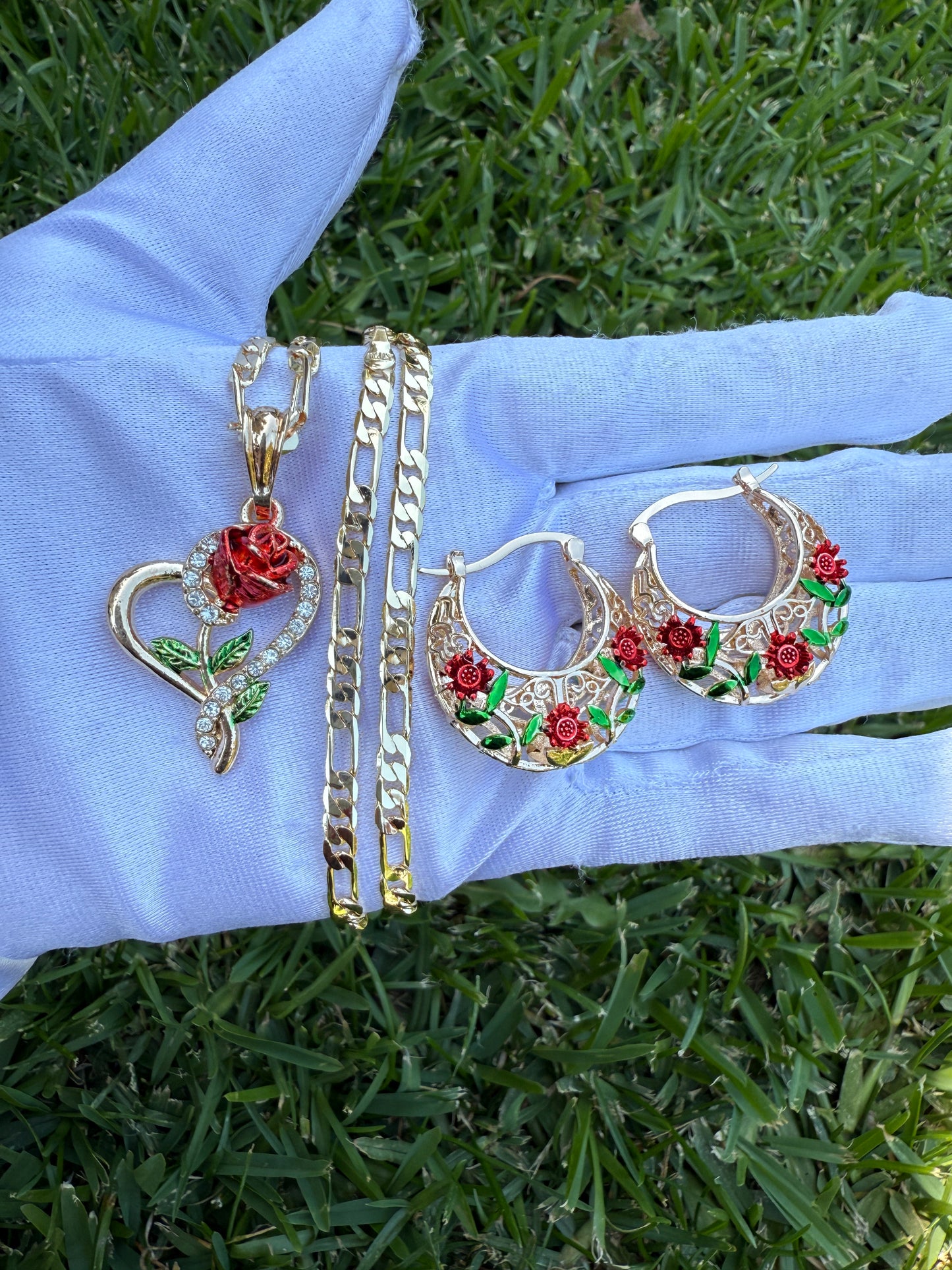 Rose Necklace and Earrings Set - Gift Idea for Mothers Day, Birthday, or Any Occasion with Heart Design and Red Rose Accents