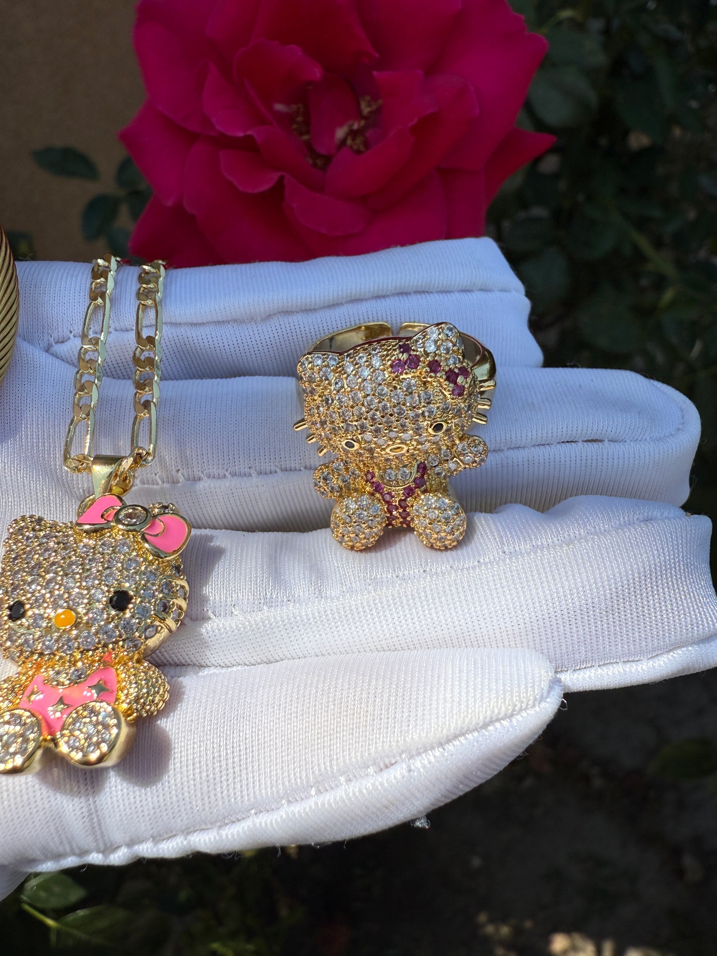 Pink Cat Necklace,Bracelet, Ring Set -Kitty Pedant with Chain Set