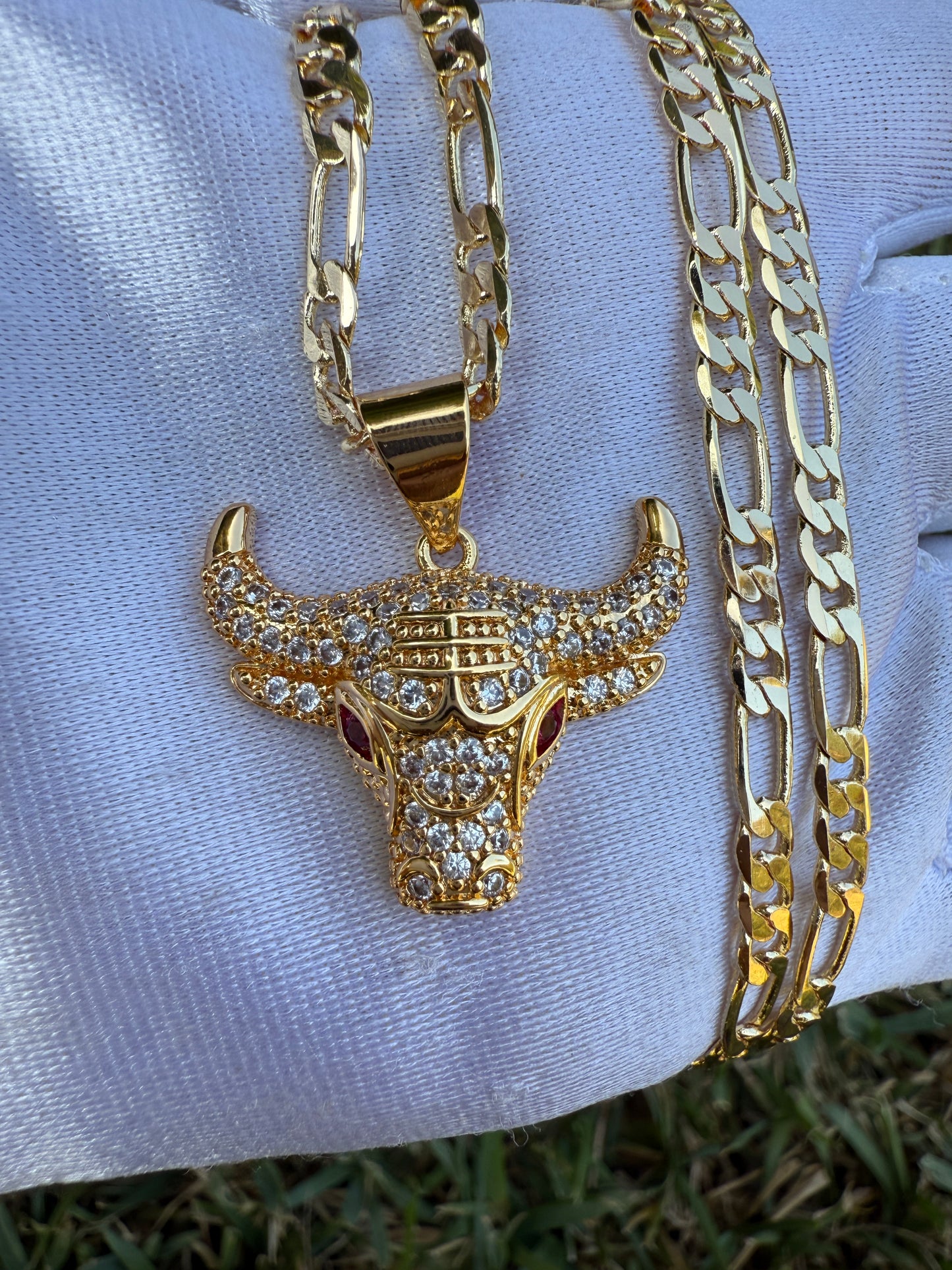 Red eye Bull Head Necklace with Figaro Chain