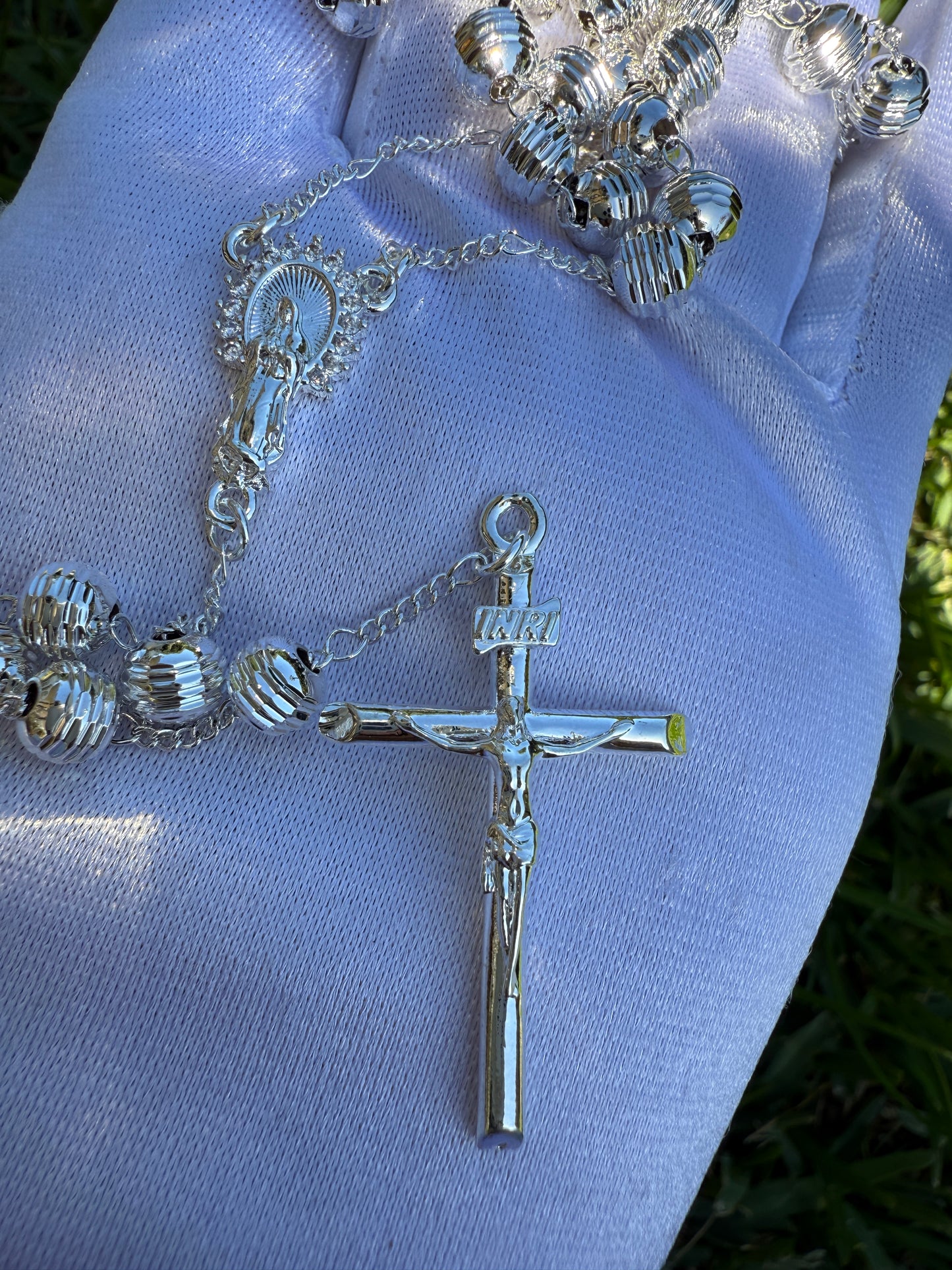 Silver Plated Rosary Necklace for him or her Virgin and Cross
