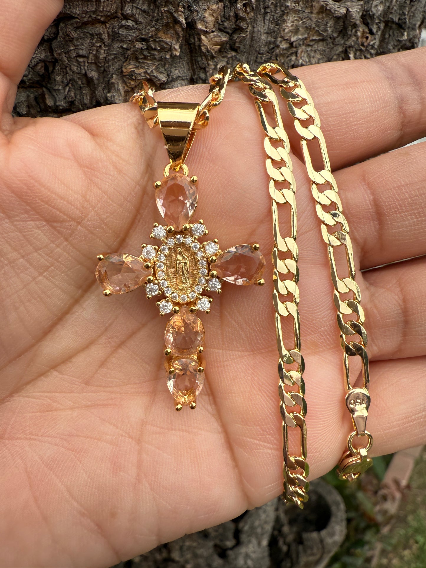 “Bright” Pink Cross & Virgin Necklace Gold Plated
