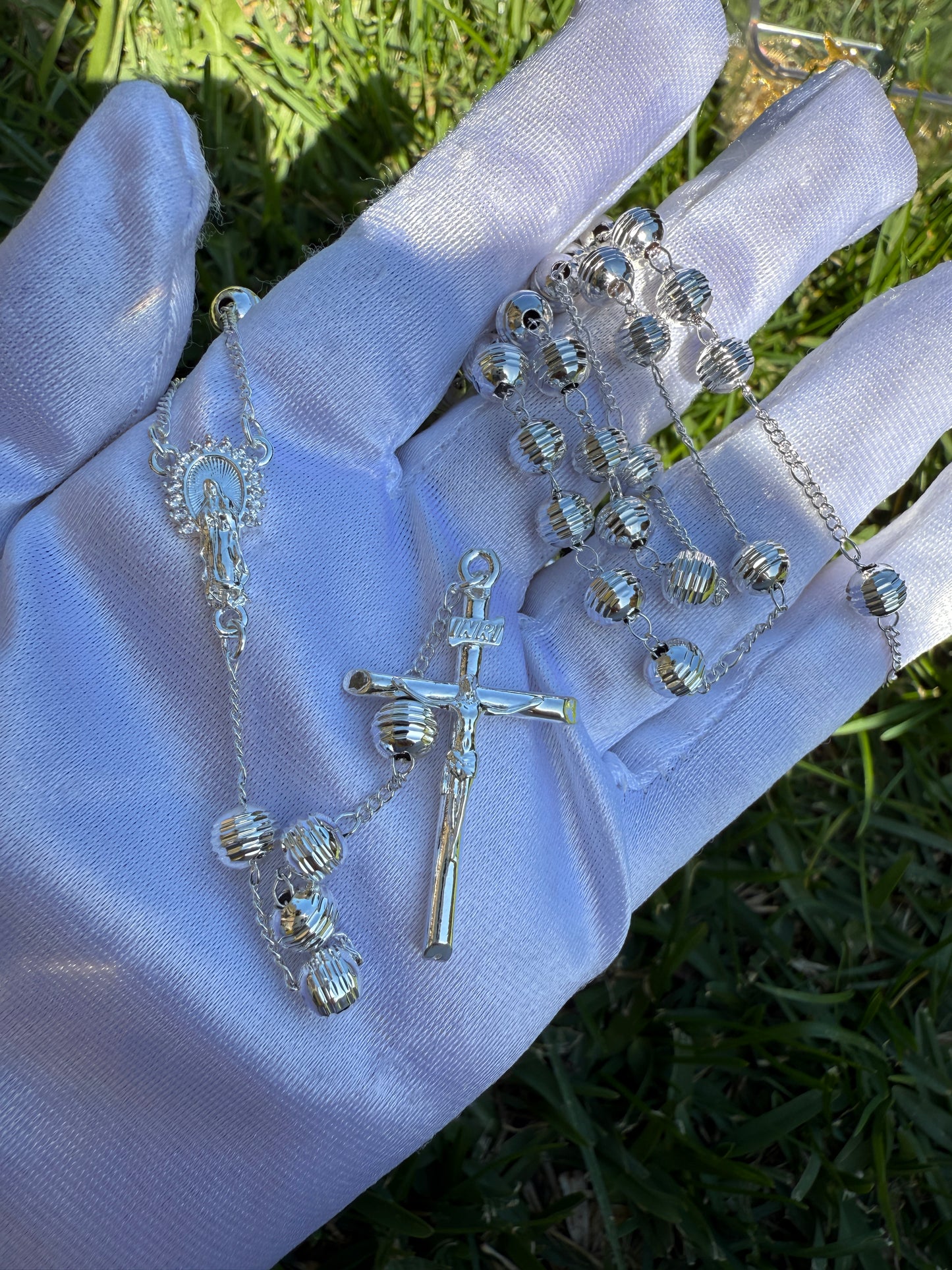 Silver Plated Rosary Necklace for him or her Virgin and Cross