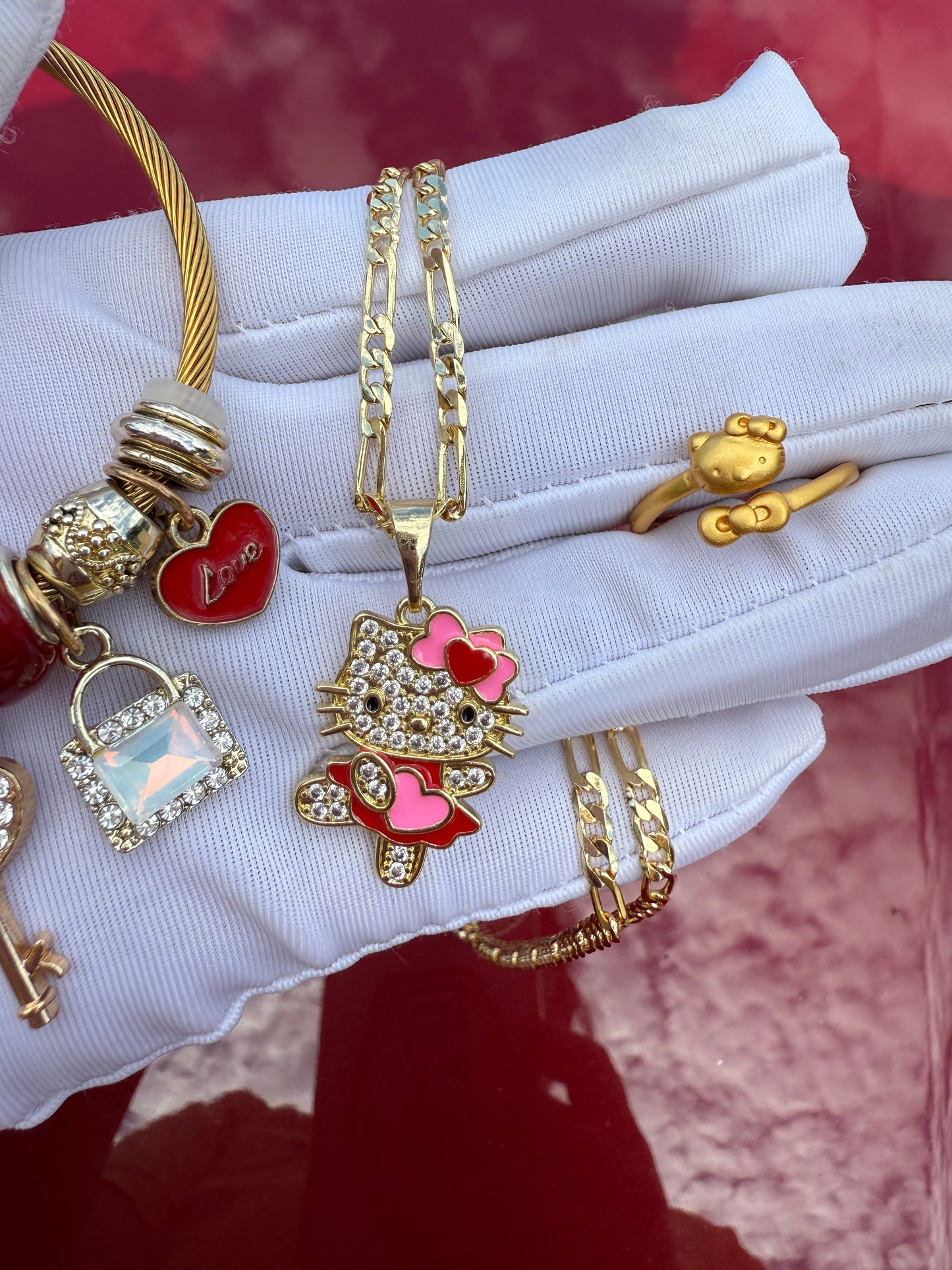 Red Kitty Set - Cat Set Necklace, Ring, Bracelet