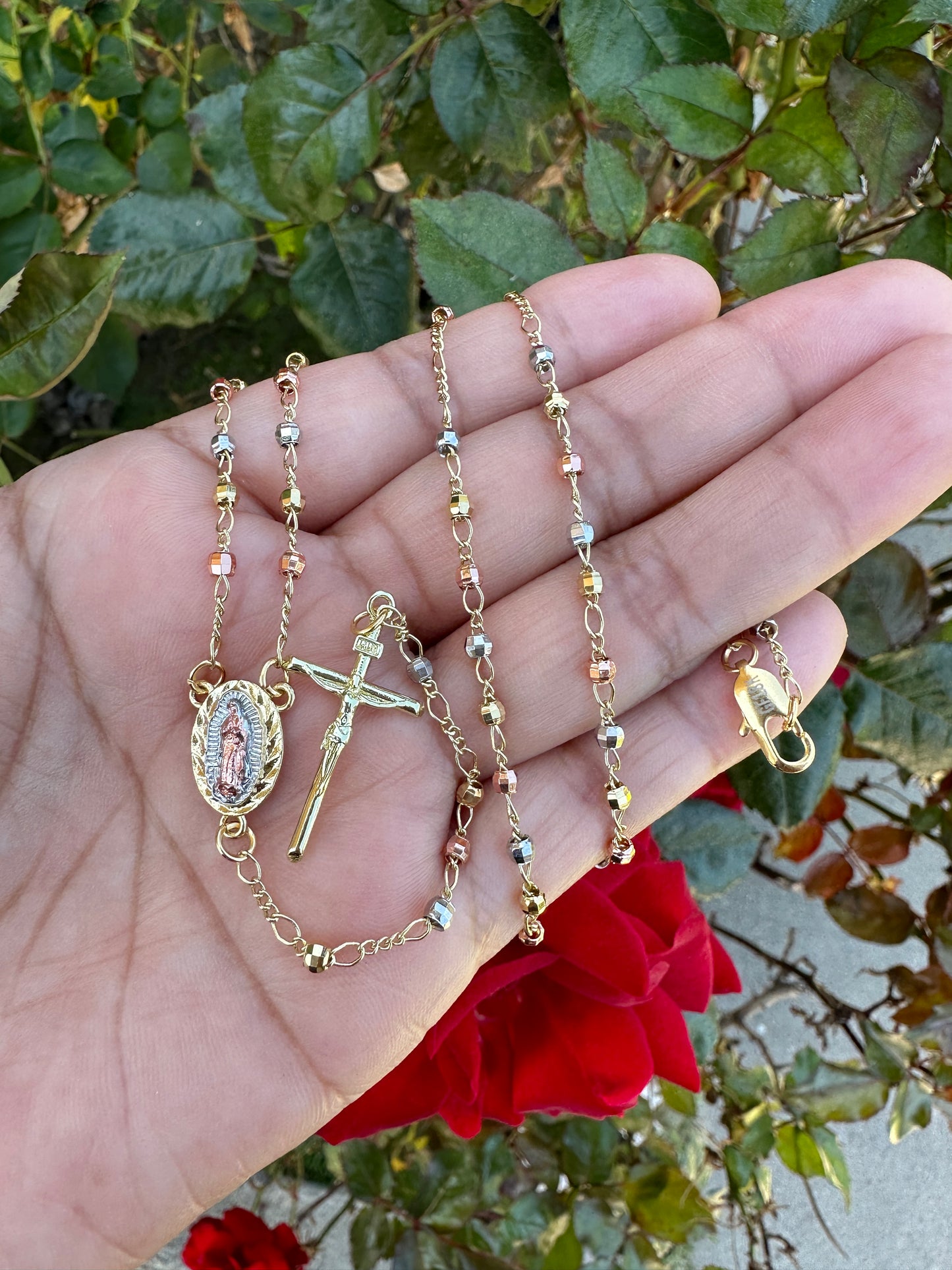Rosary Necklace Tricolor with Cross and Virgin Pedant Gold Plated Rose Gold