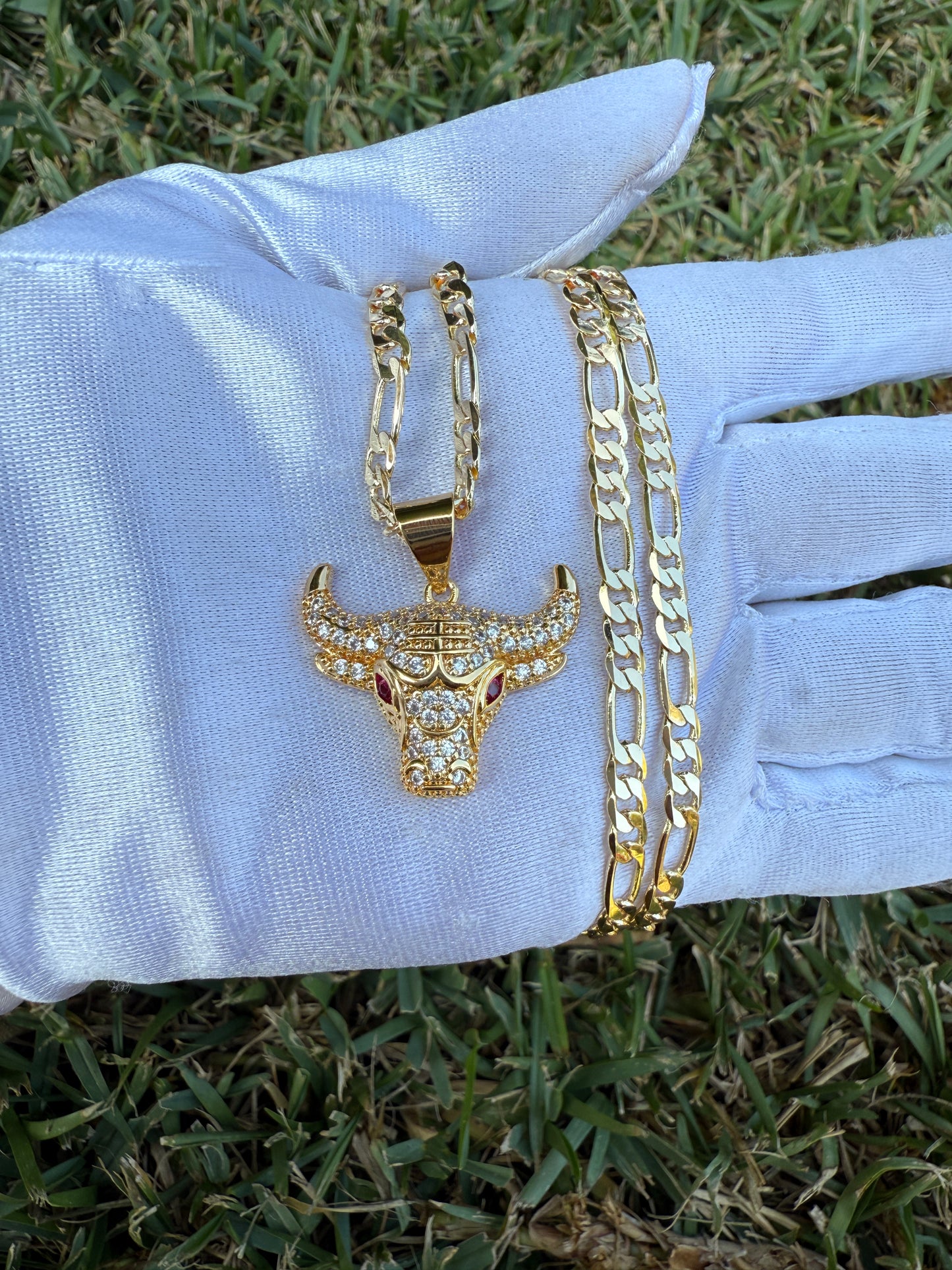 Red eye Bull Head Necklace with Figaro Chain