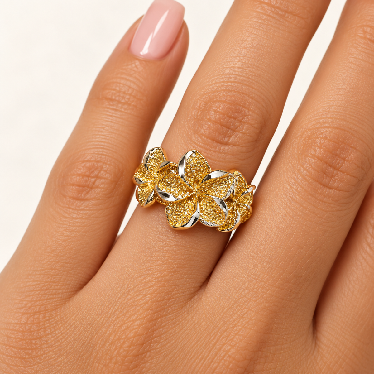 Hibiscus 3 Flower Ring Gold Plated